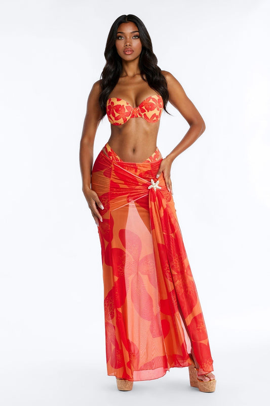 Amaya Floral Underwire 3 Piece Bikini & Skirt Set - Orange/combo