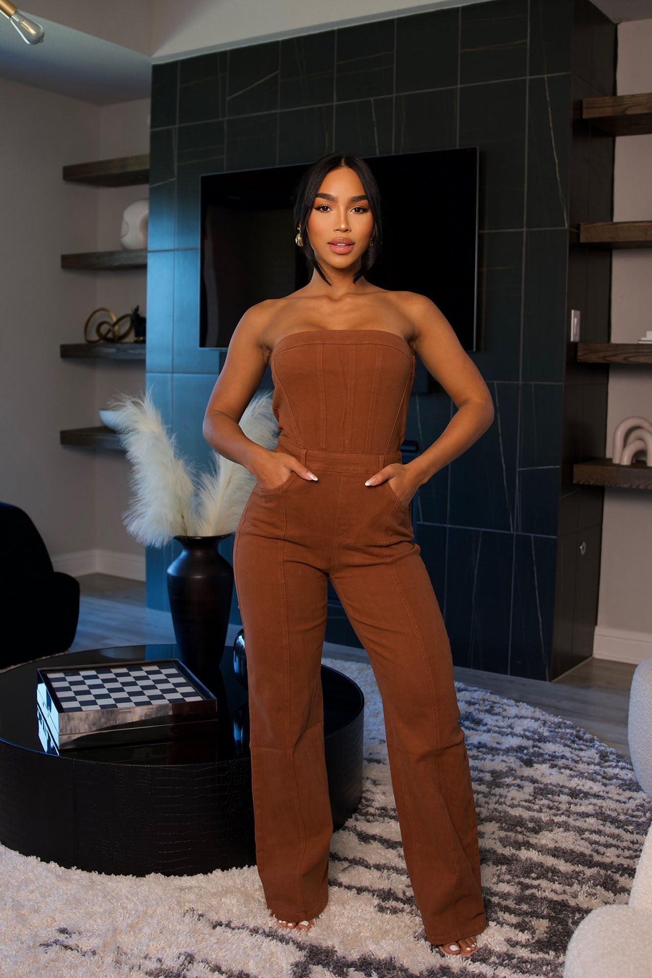 Mine For The Weekend Denim Jumpsuit - Cognac