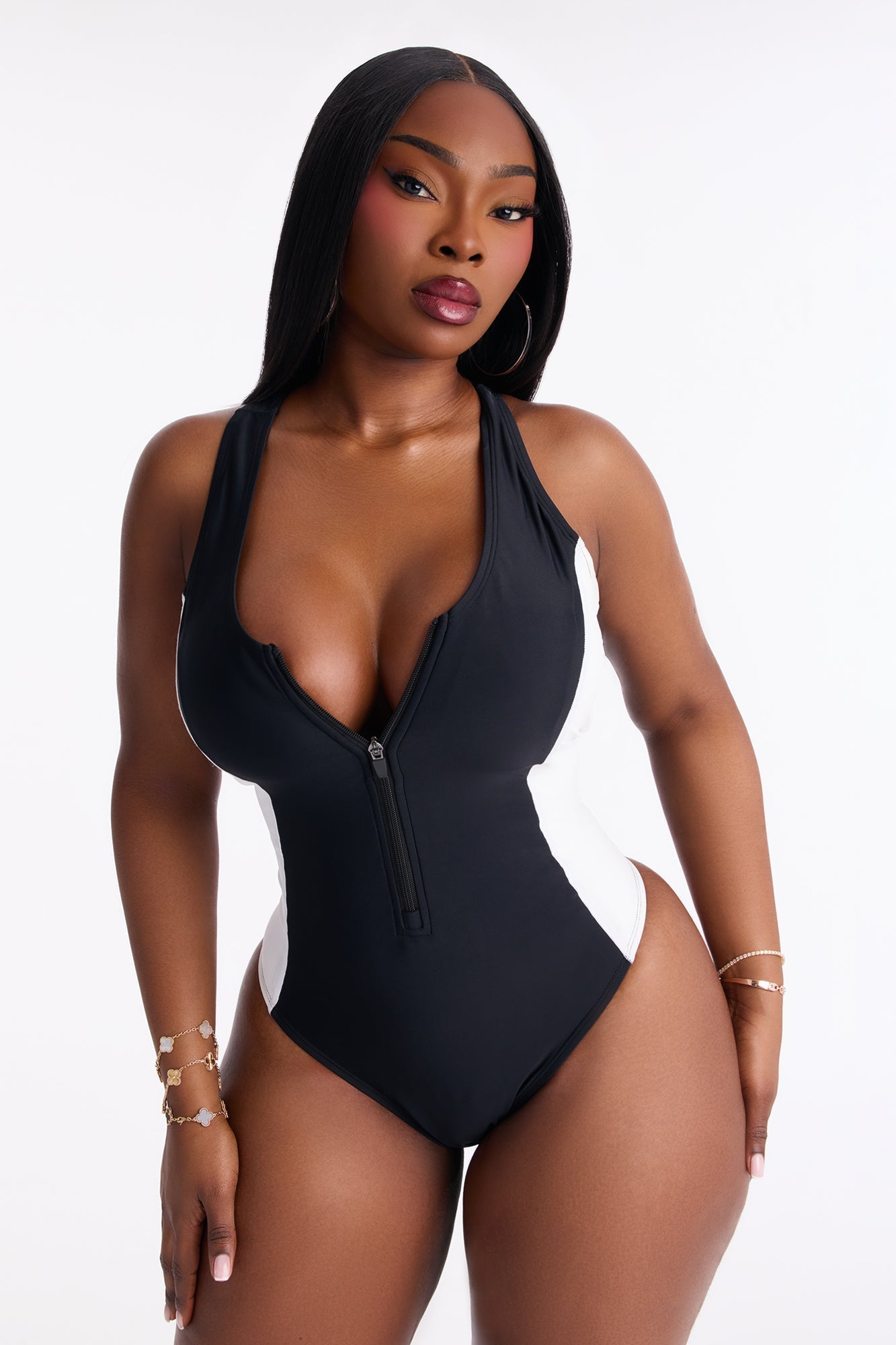 Adelyn Zip Up Sculpt Contour 1 Piece Swimsuit - Black/White