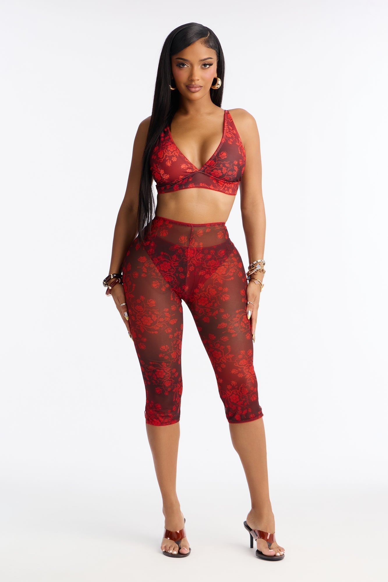 Sweet Talk 3 Piece Triangle Bralette Bikini & Mesh Capri Set - Burgundy/combo