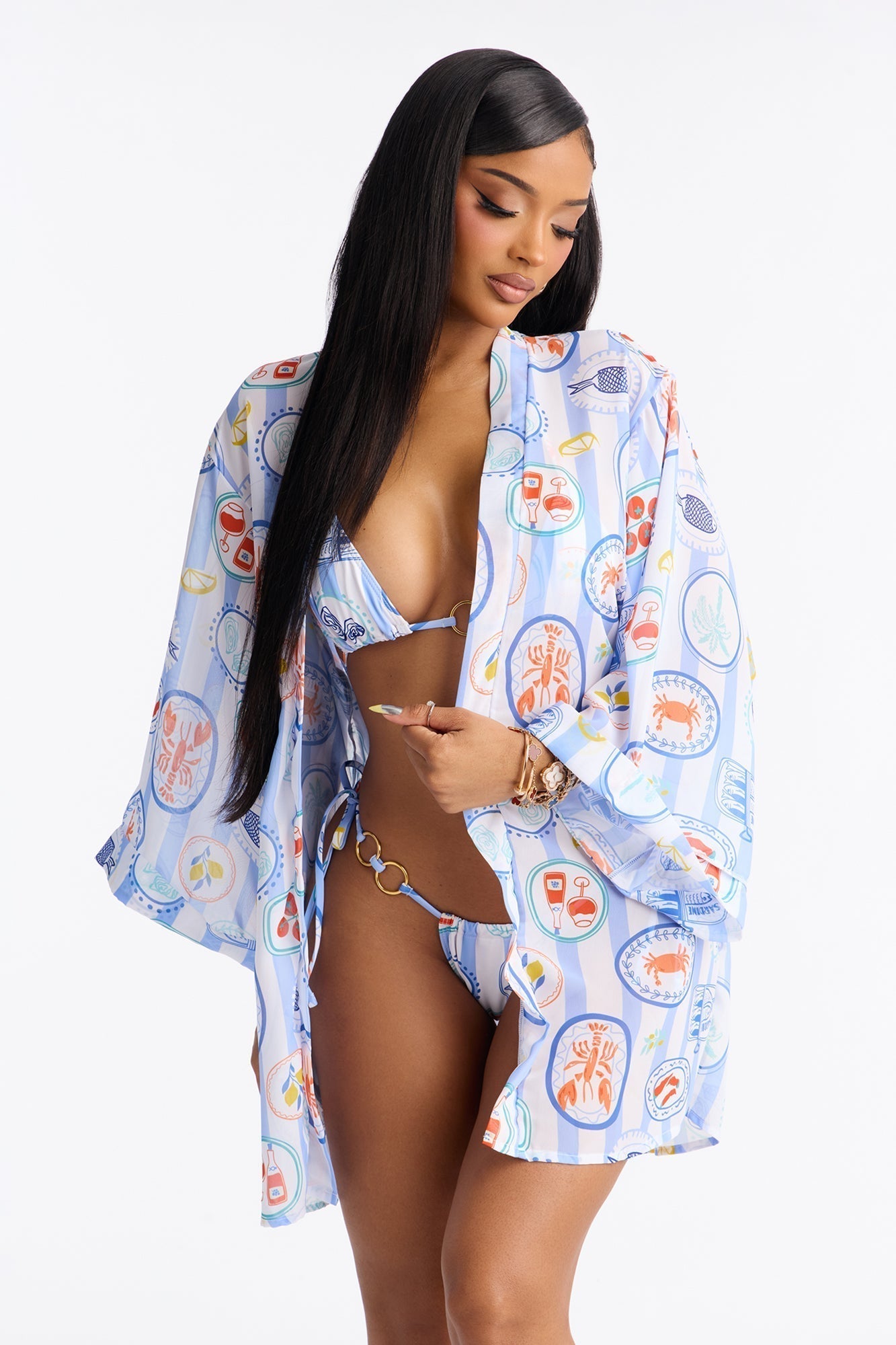 Summer Spritz O-Rings 3 Piece Bikini Mini Kimono Set - White/Blue