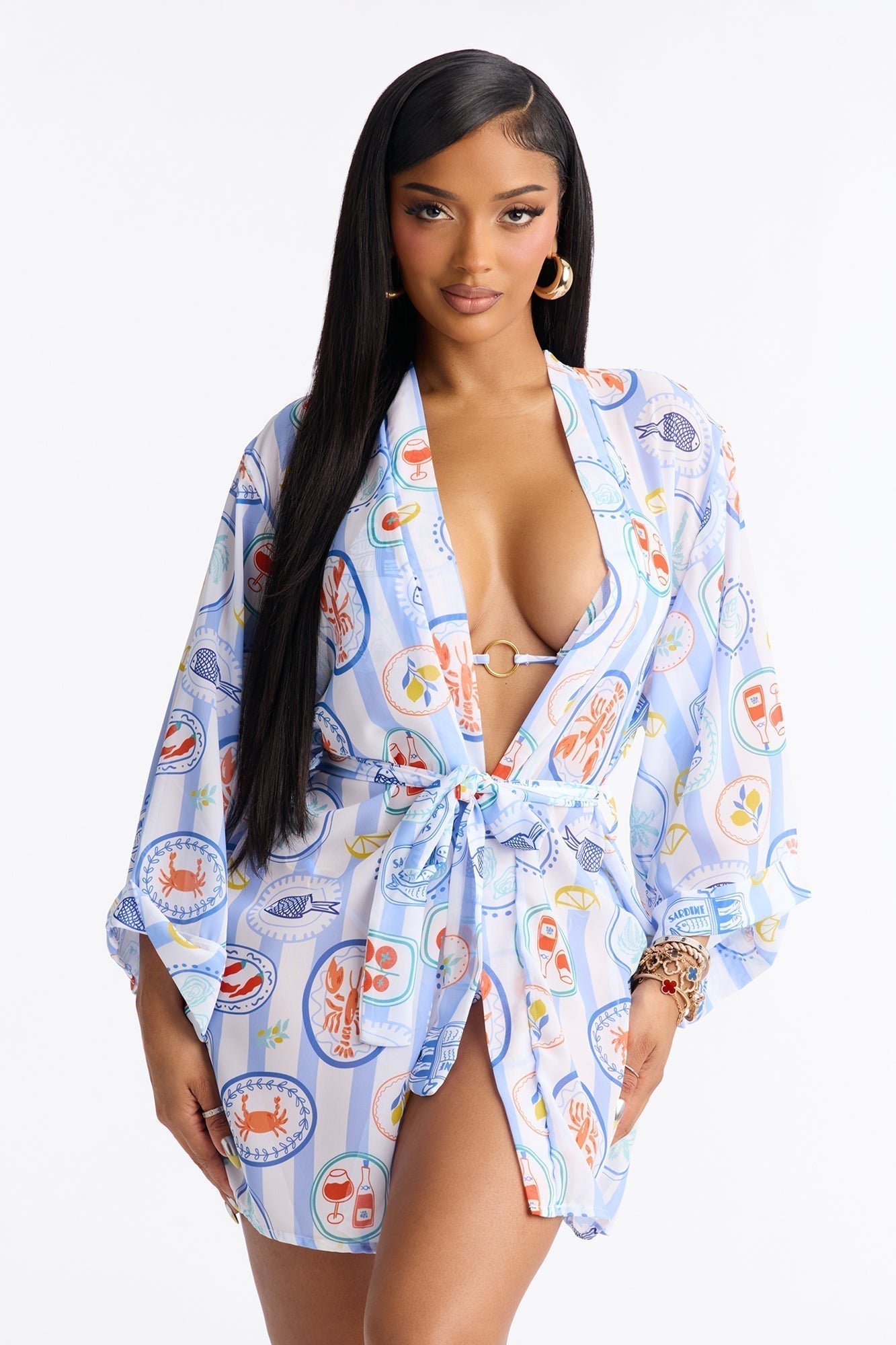 Summer Spritz O-Rings 3 Piece Bikini Mini Kimono Set - White/Blue