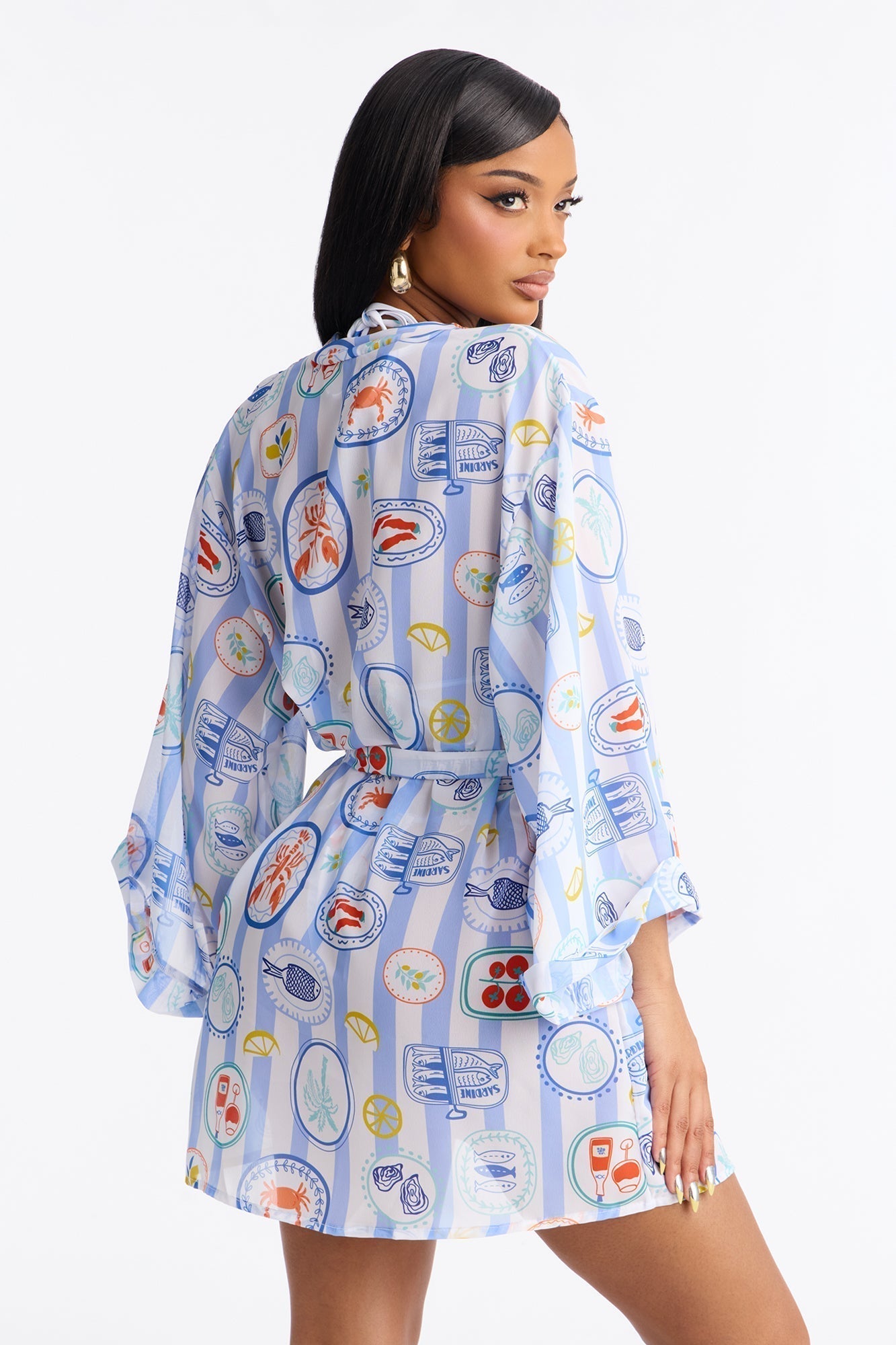 Summer Spritz O-Rings 3 Piece Bikini Mini Kimono Set - White/Blue
