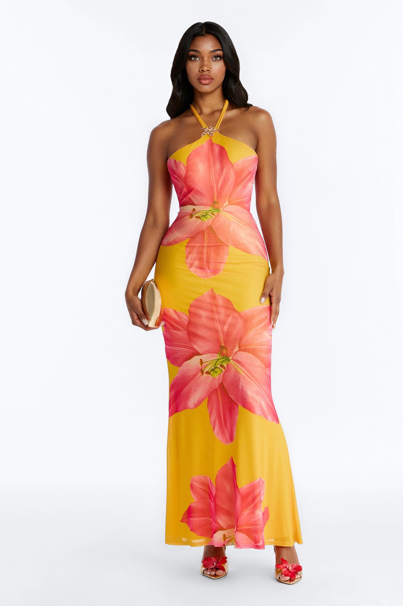 Imani Floral Mesh Maxi Dress - Orange/combo