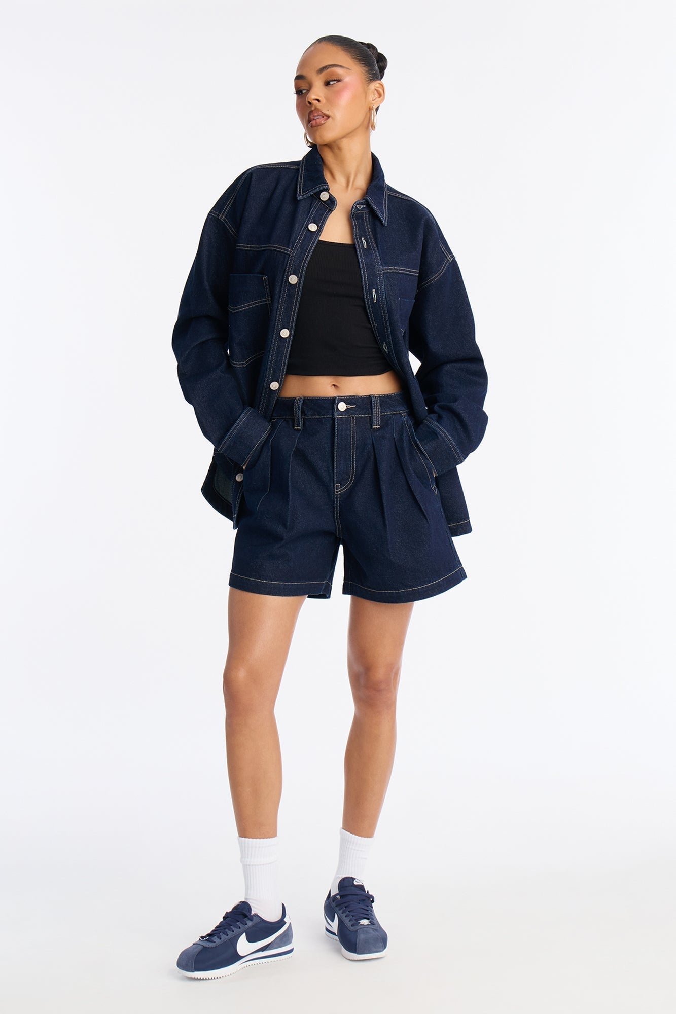 Night Borough Pleated Denim Shorts - Dark Wash