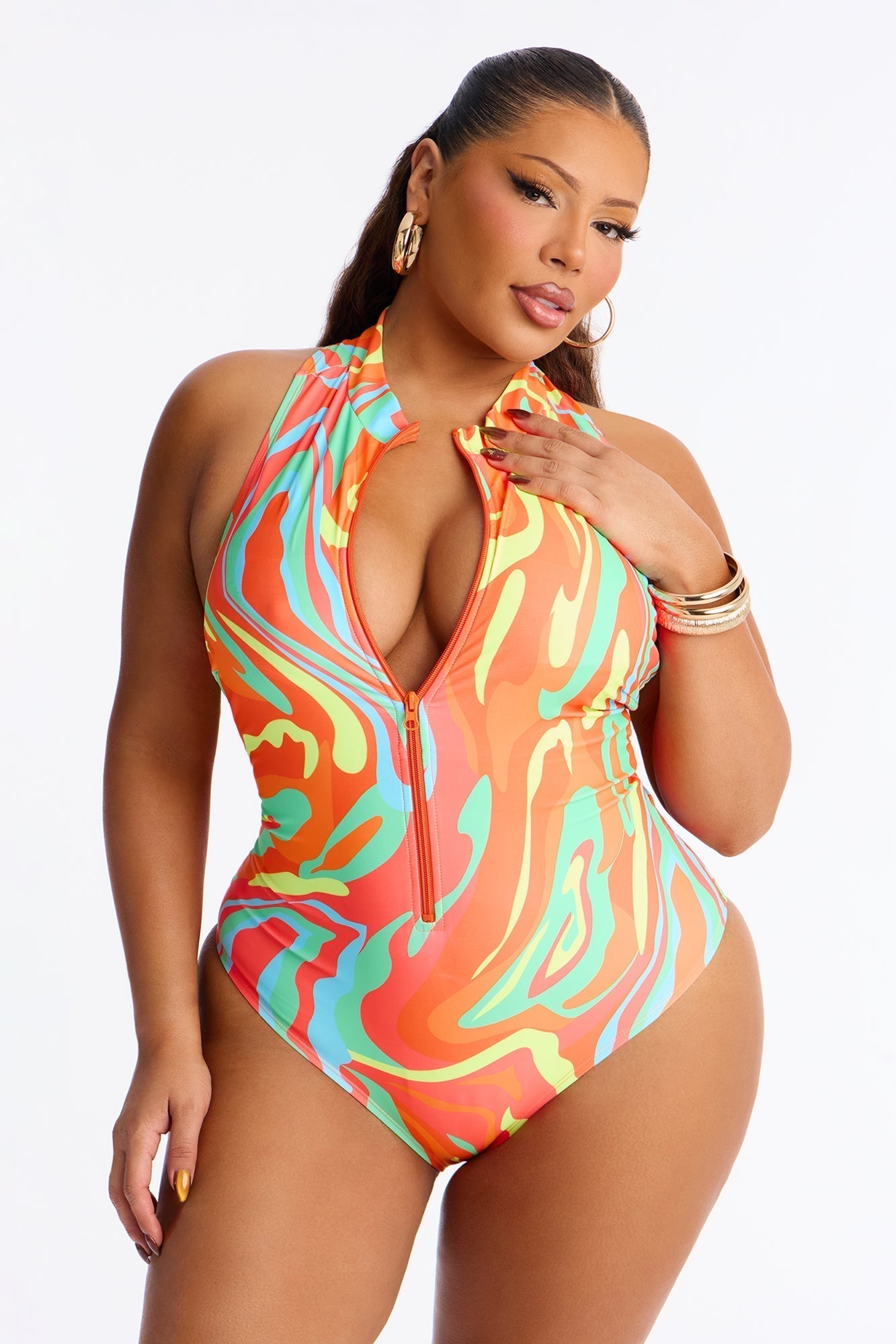 Kairi Evelyn Zip Up 1 Piece Swimsuit - Orange/combo
