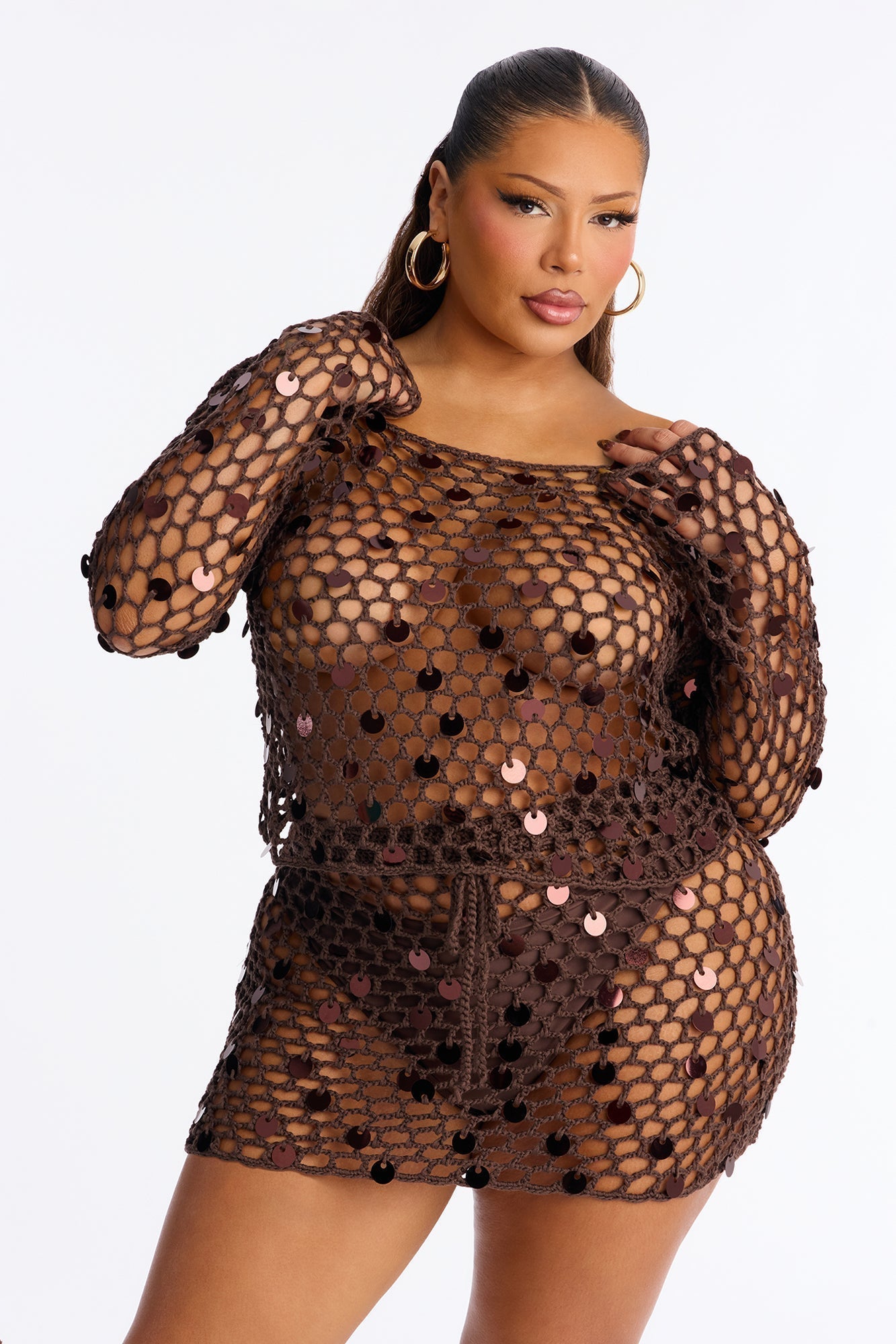 Lola Embellished Crochet Swim Cover Up Skirt Set - Chocolate