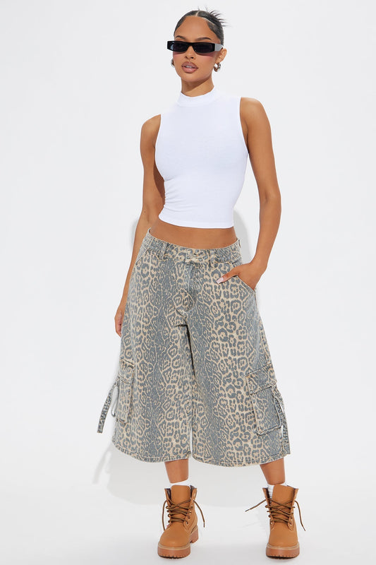 Getting Wild Animal Print Cargo Denim Jorts - Brown Combo