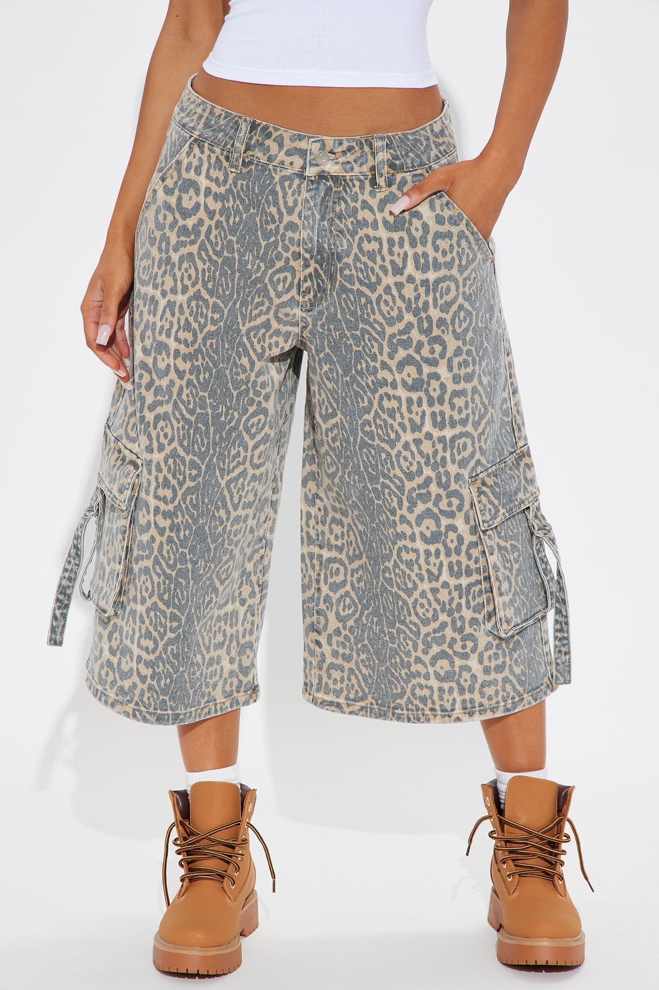 Getting Wild Animal Print Cargo Denim Jorts - Brown Combo
