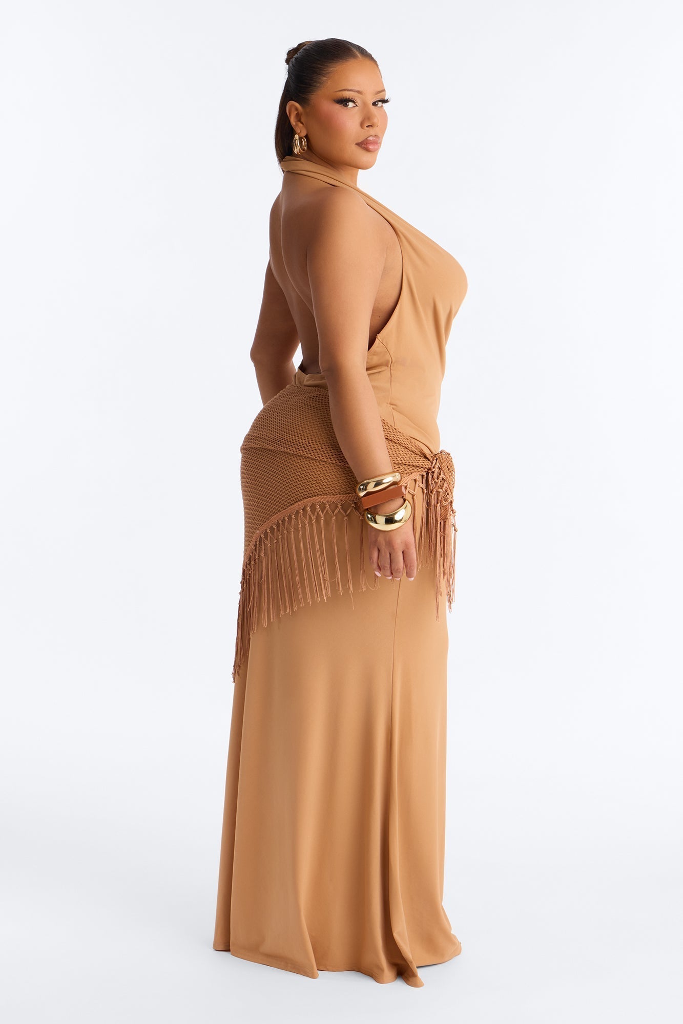 Santorini 2 Piece Fringe Scarf Maxi Dress - Camel