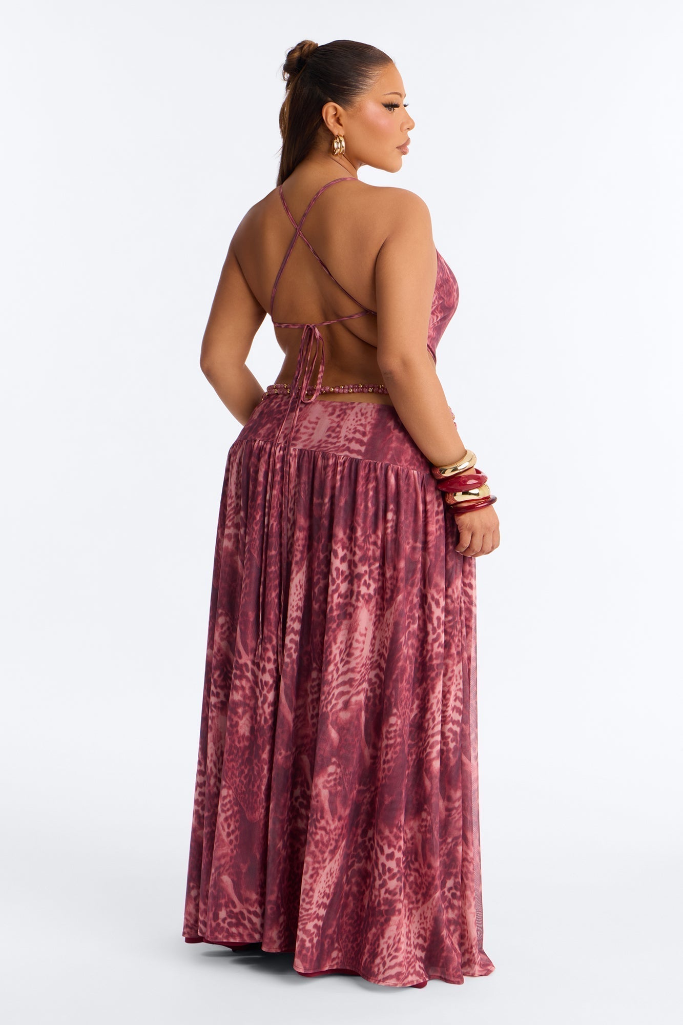 Corinna Cut Out Beaded Mesh Maxi Dress - Pink/combo