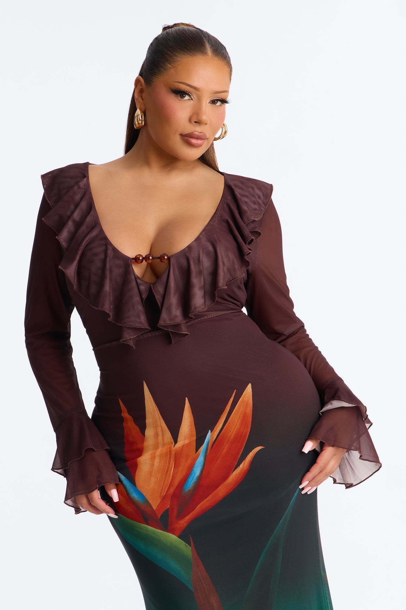 Erica Ruffle Mesh Maxi Dress - Brown/combo