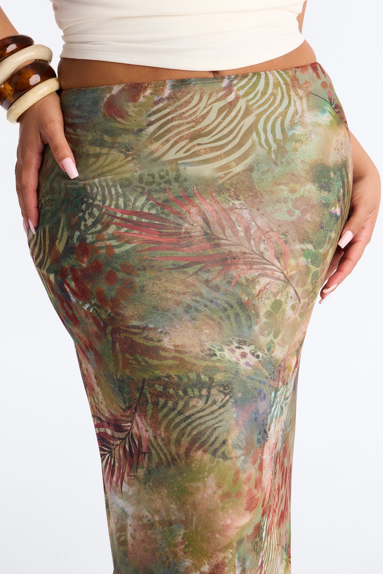 Tropical Bloom Mesh Maxi Skirt - Green/combo