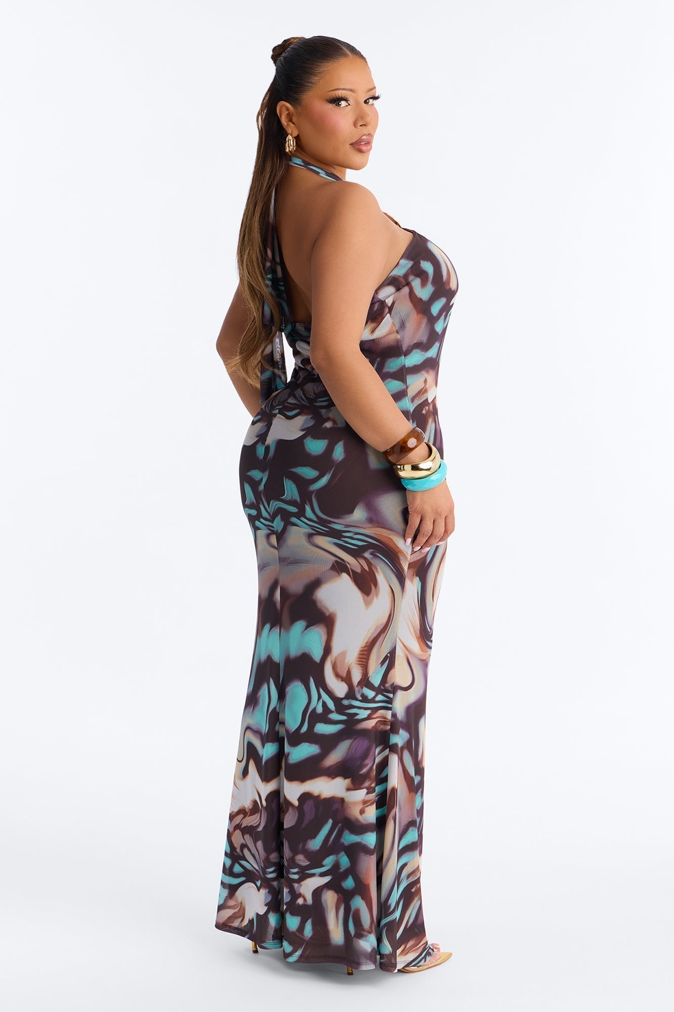 Bad Habits Halter Mesh Maxi Dress - Brown/combo