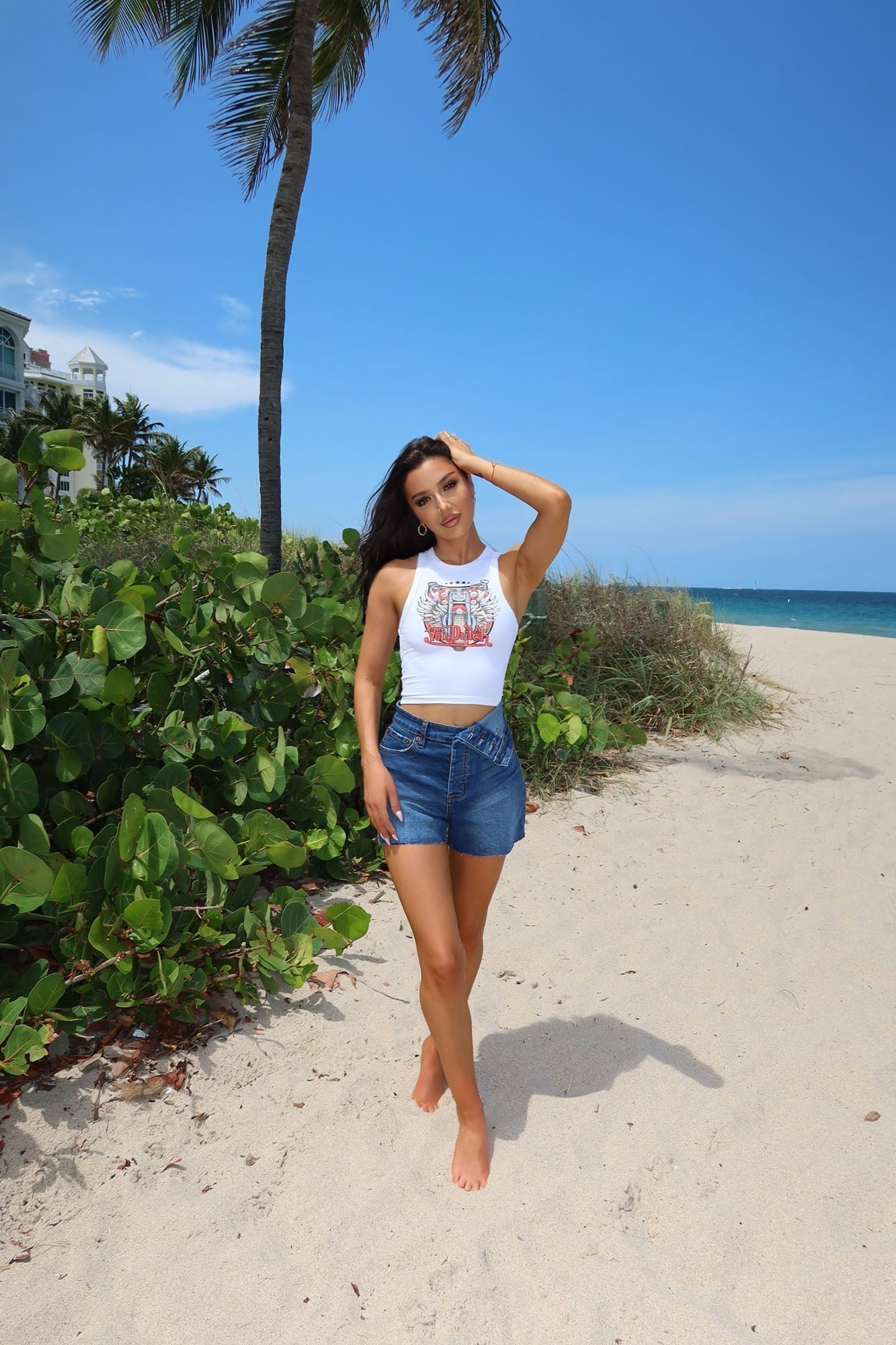 Yulia Foldover Waistband Stretch Denim Shorts - Dark Wash