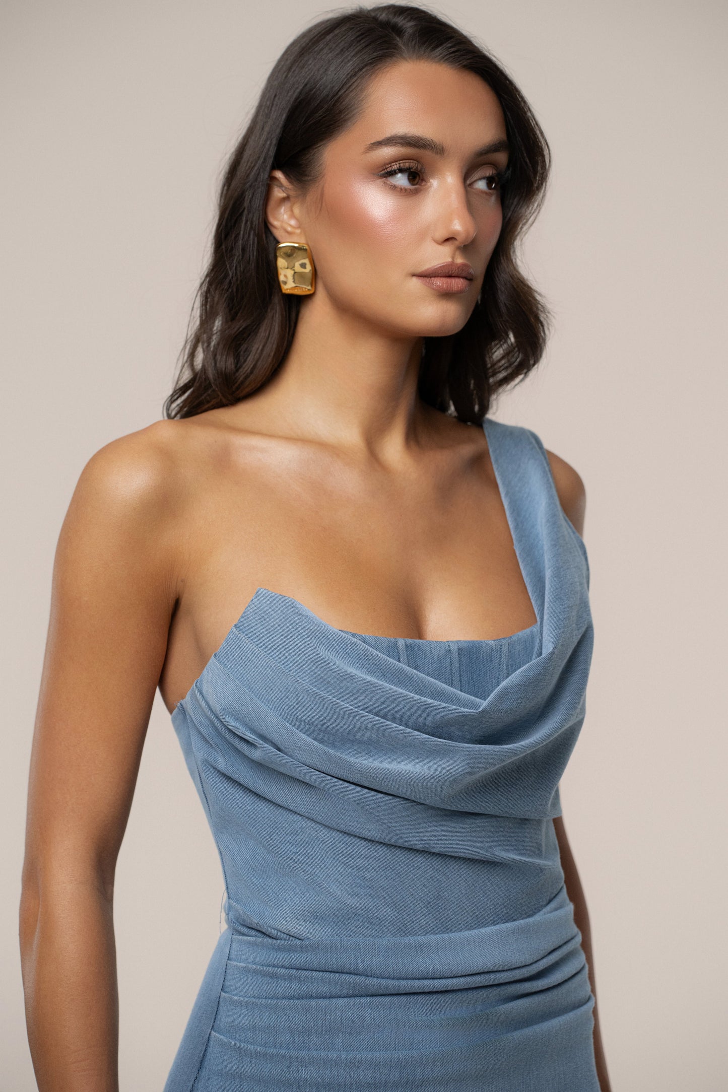 Medium Wash Denim Krishna One Shoulder Maxi Dress
