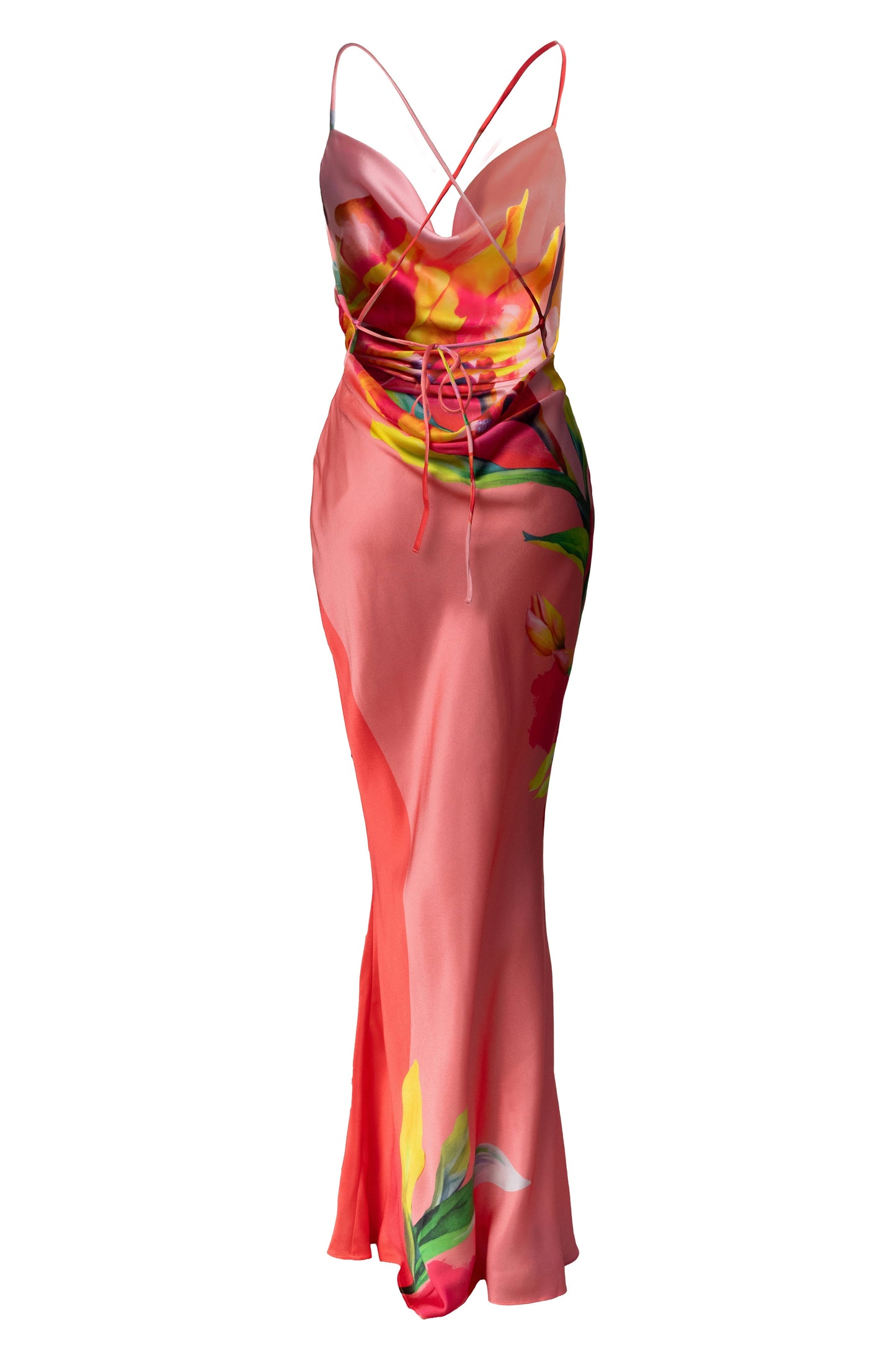 Pink Satin Floral Print Maxi Dress