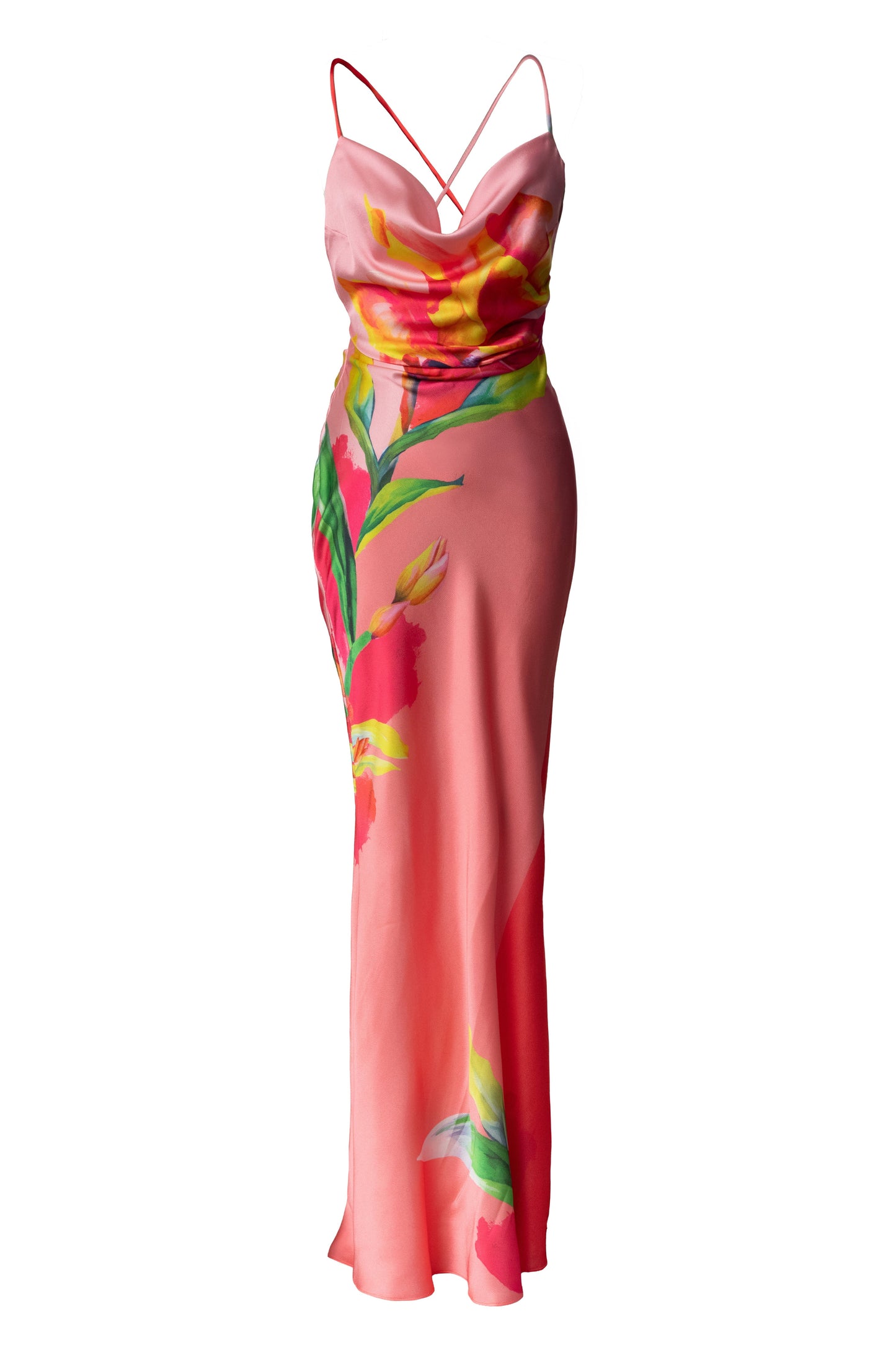 Pink Satin Floral Print Maxi Dress