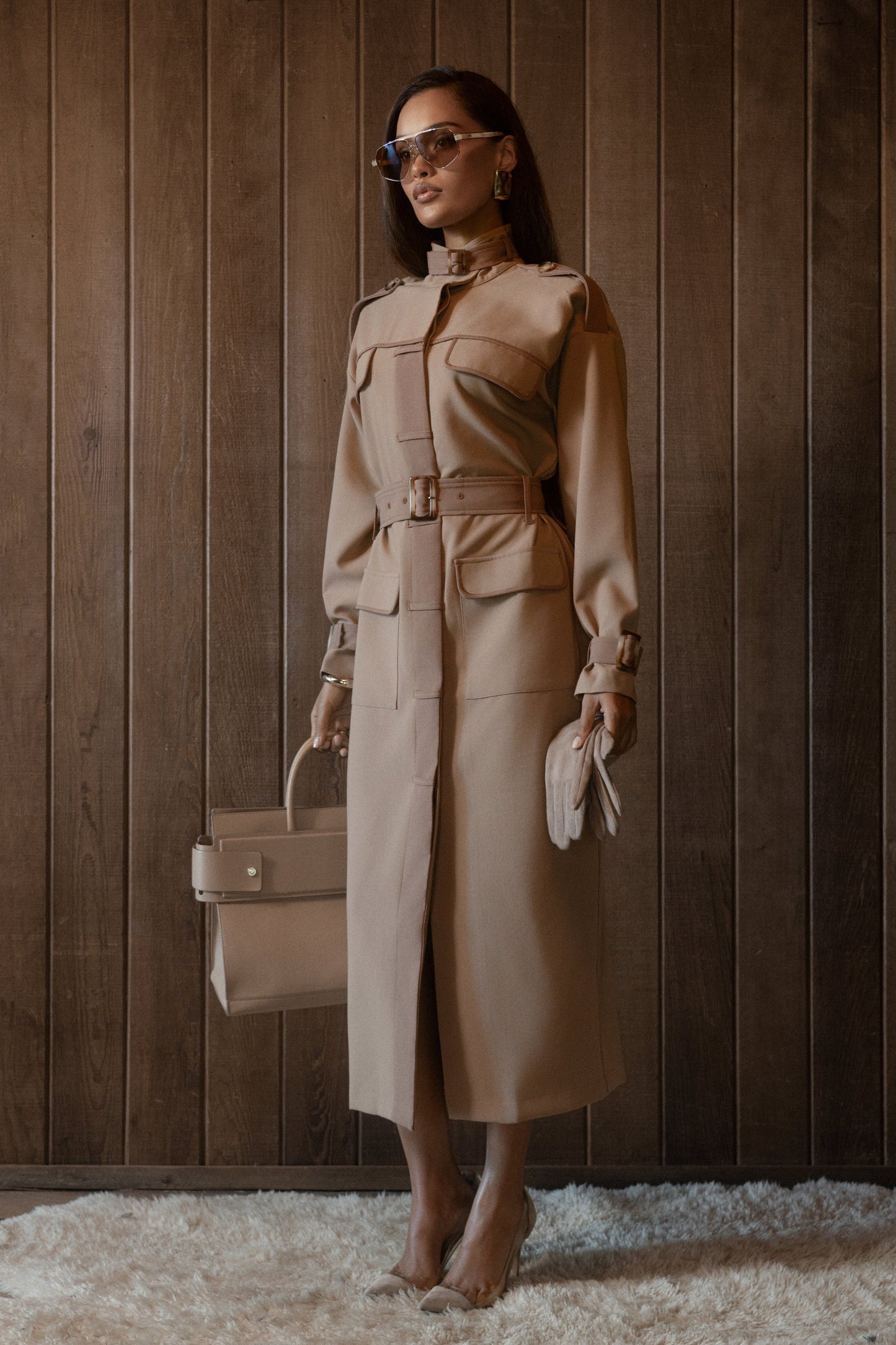 Beige Icon Belted Midi Dress