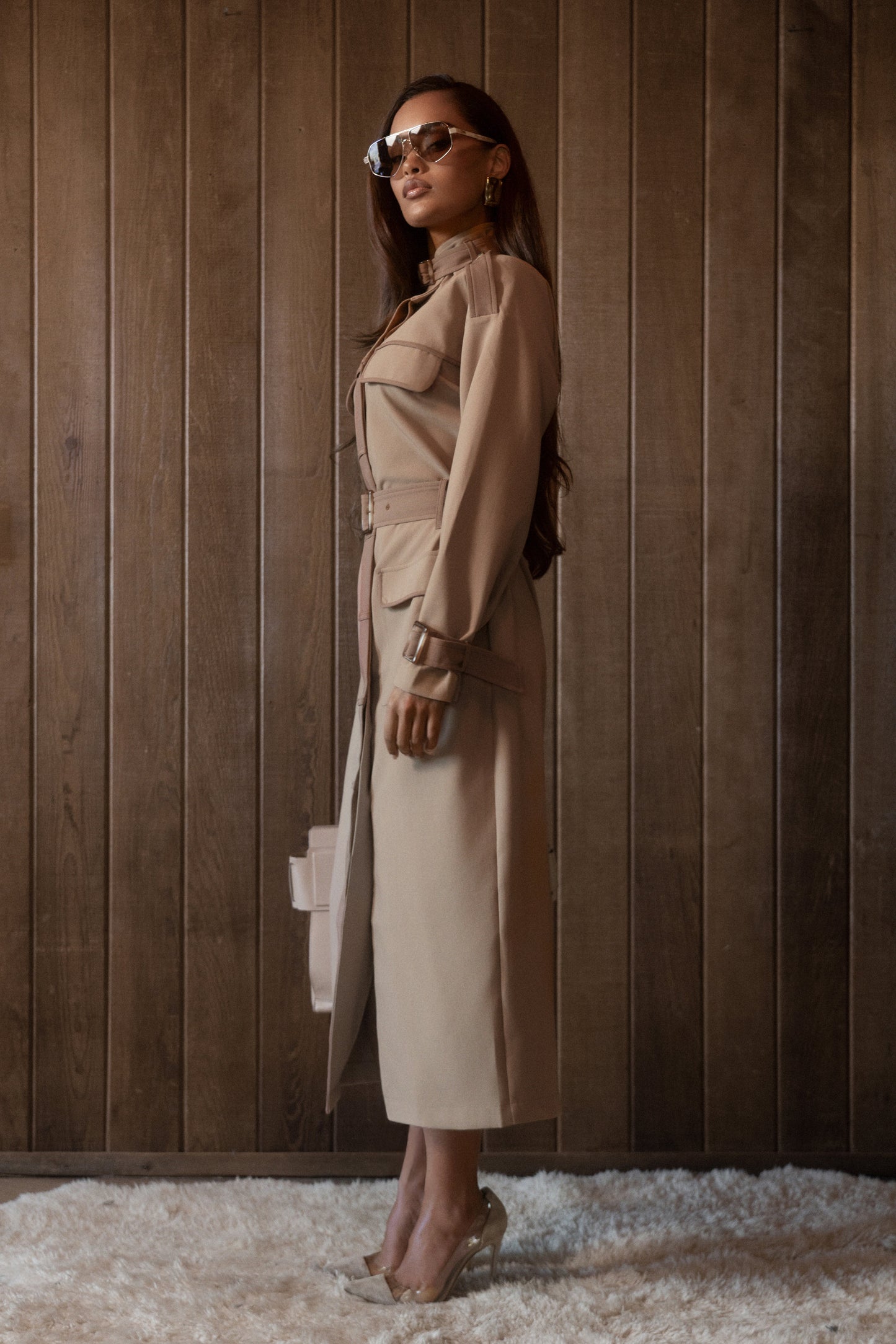 Beige Icon Belted Midi Dress