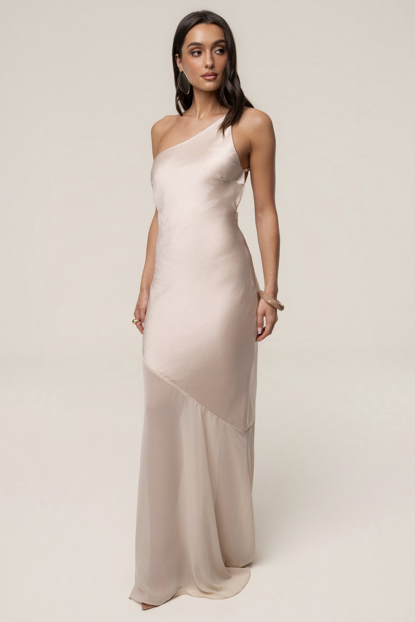 Champagne Olivia  One Shoulder Maxi Dress