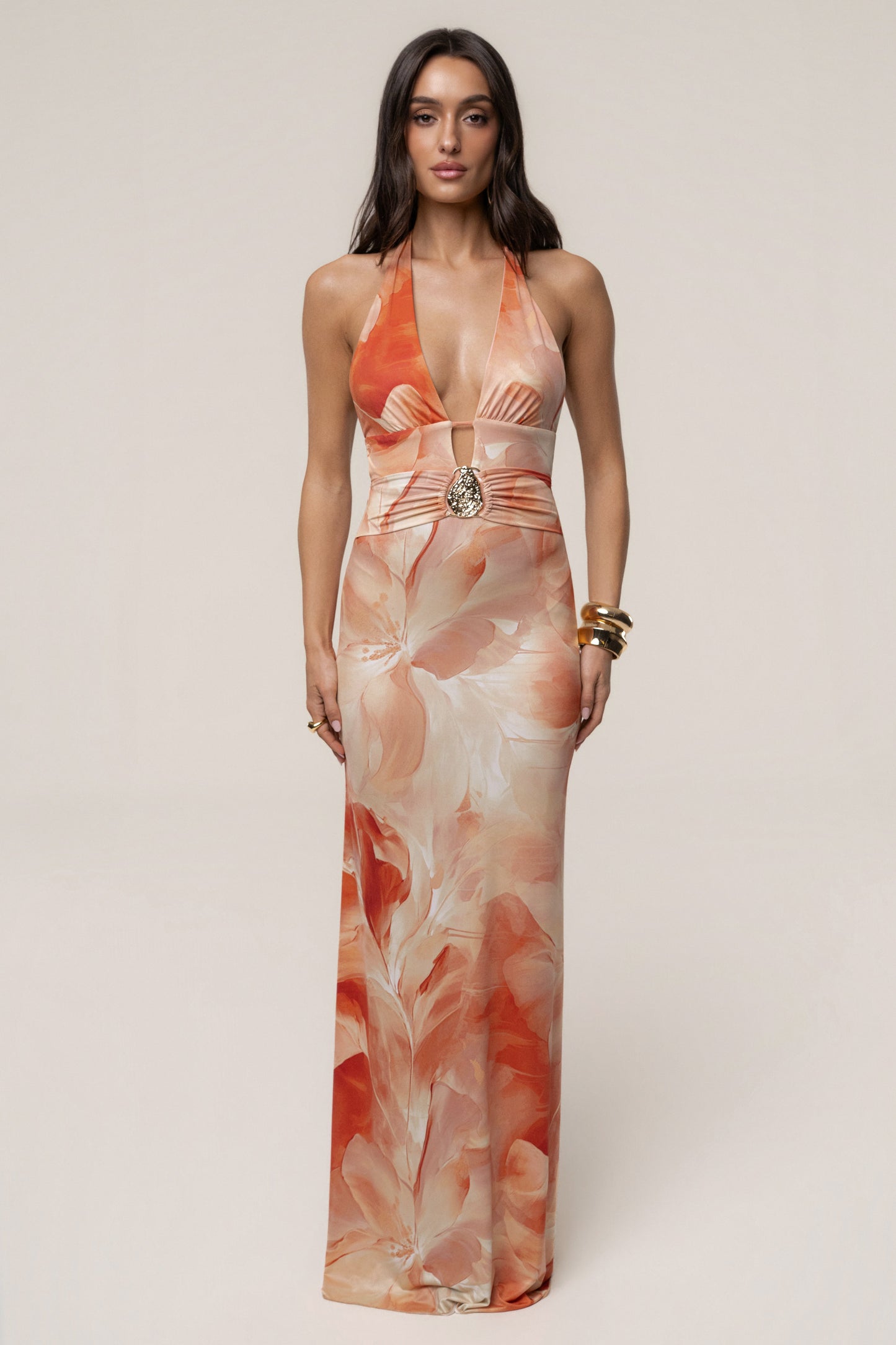 Orange Floral Blossom Print Maxi Dress