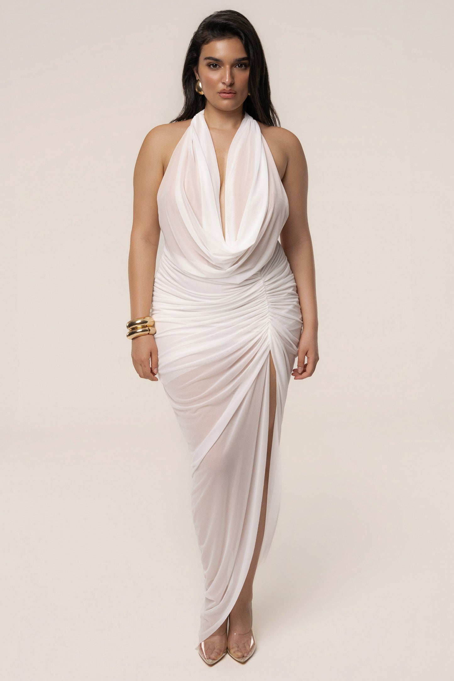 White Ariana Plunge Halter Dress