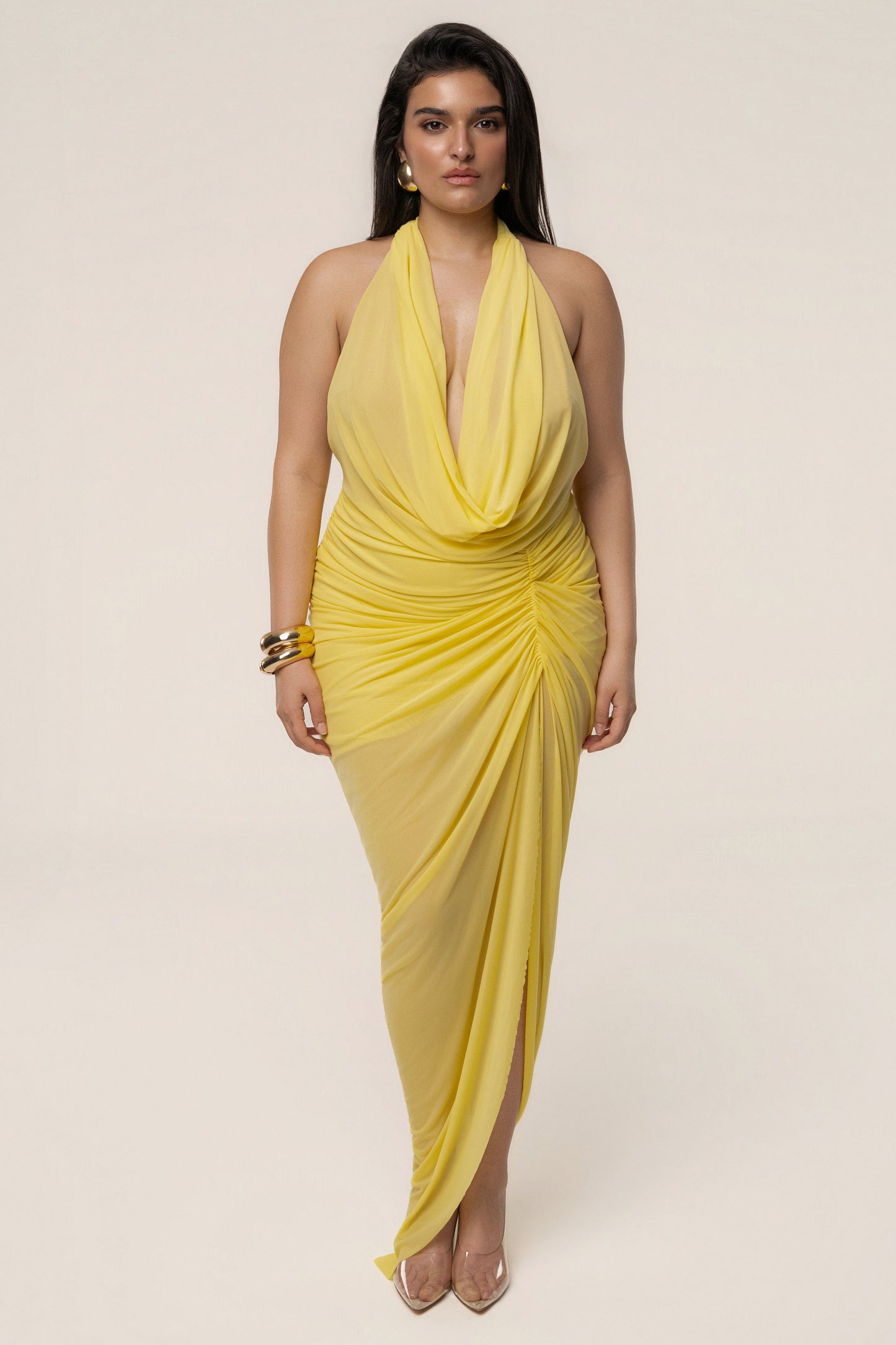 Yellow Ariana Plunge Halter Dress