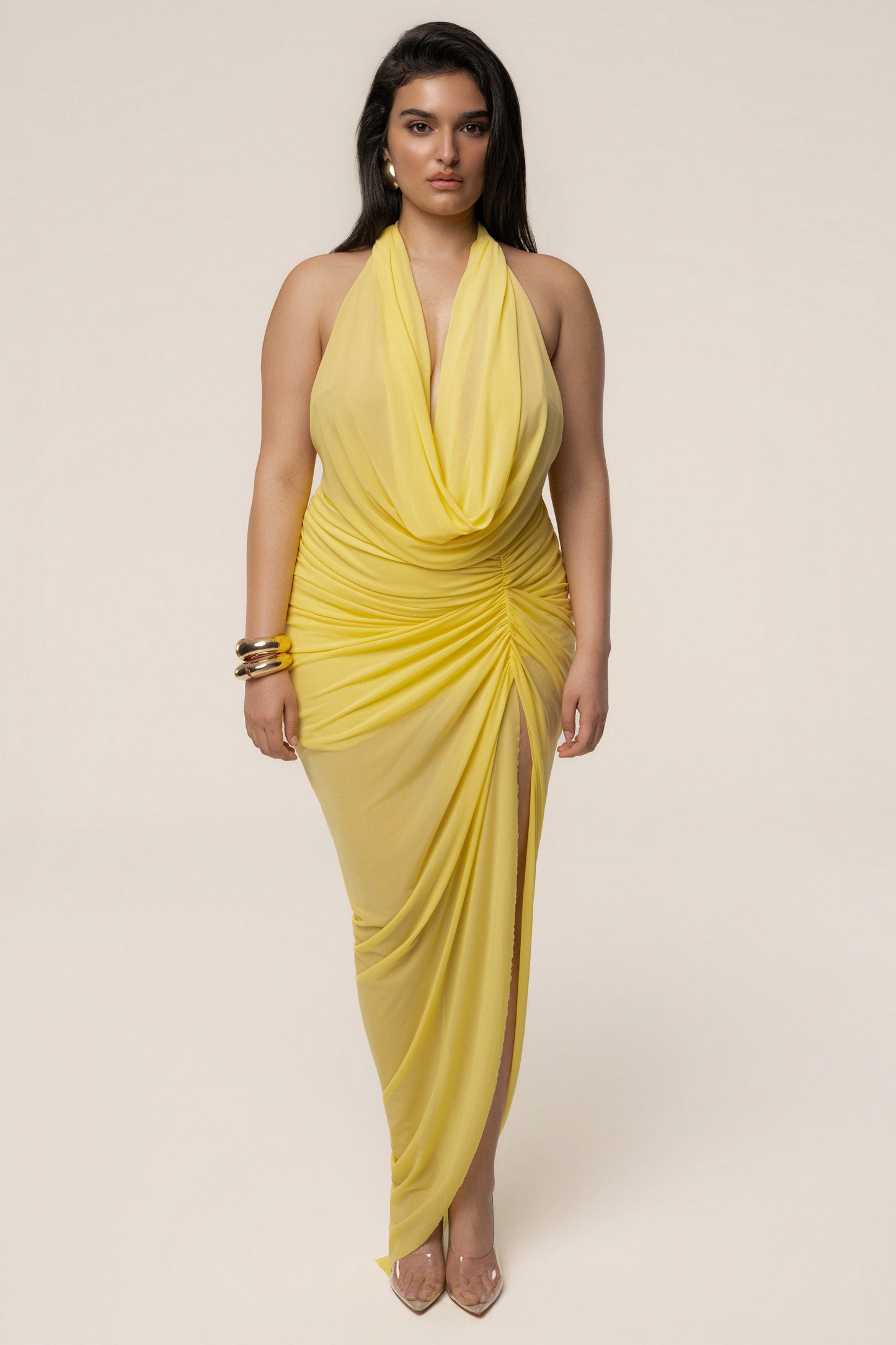 Yellow Ariana Plunge Halter Dress