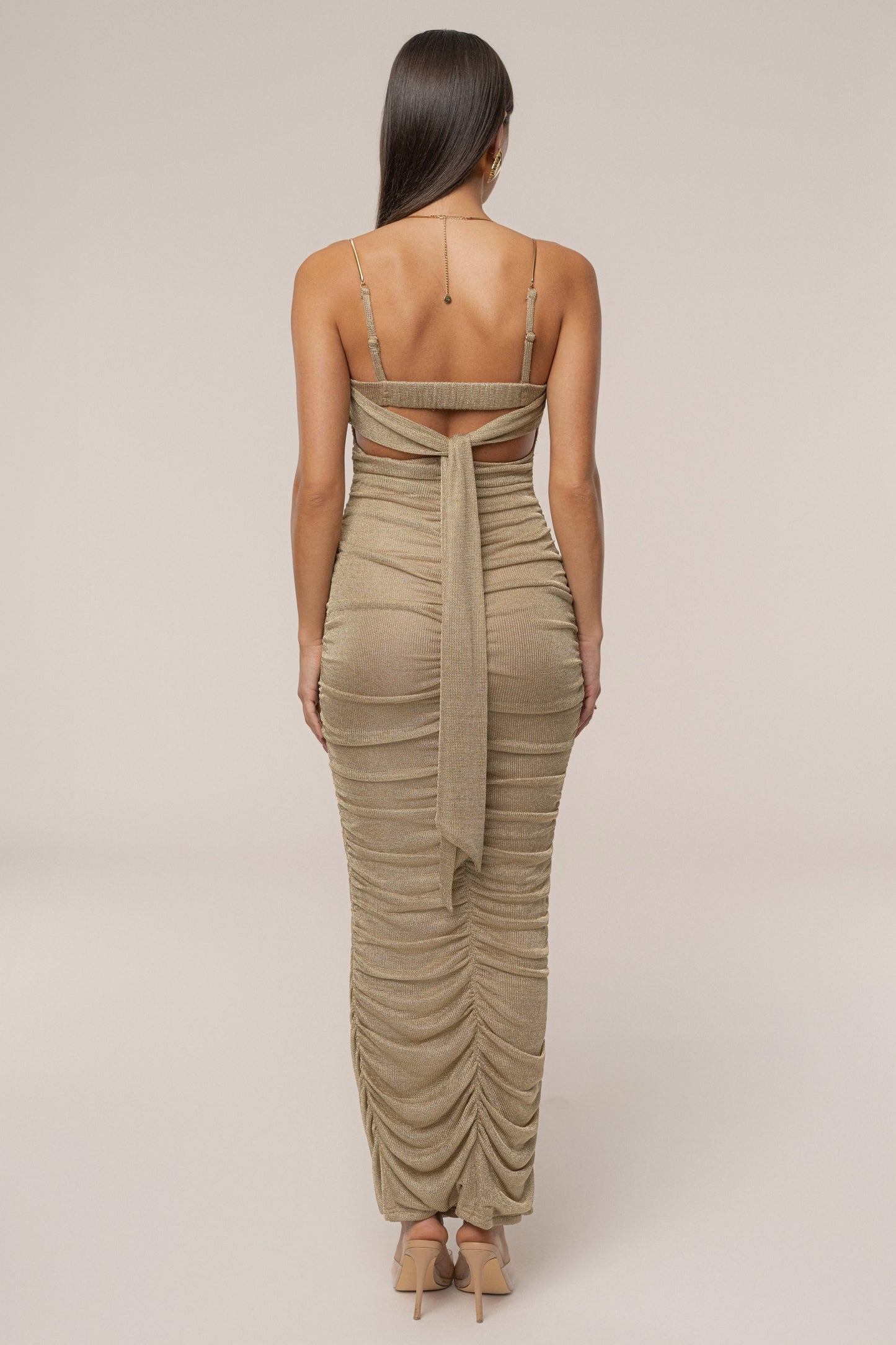 Gold Ruched Metallic Maxi Dress