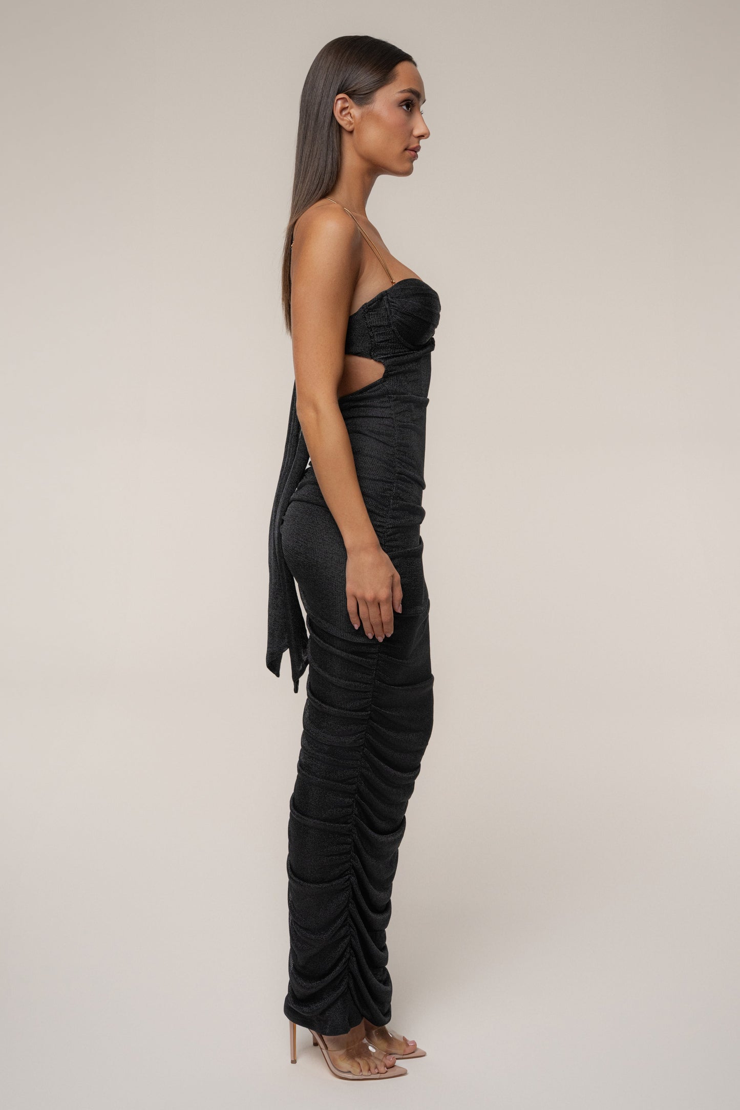 Black Ruched Metallic Maxi Dress