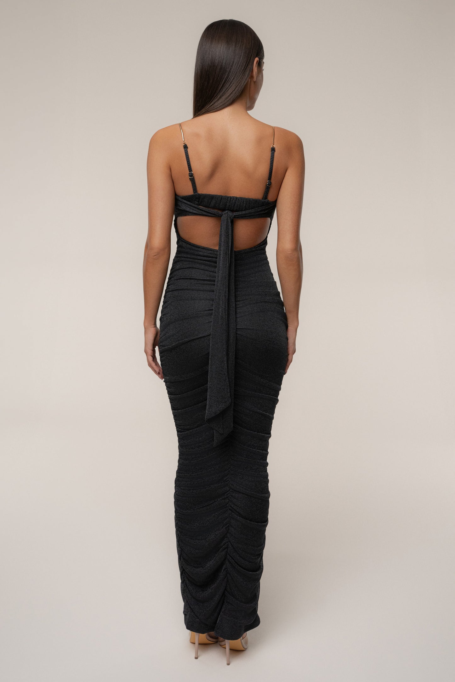 Black Ruched Metallic Maxi Dress
