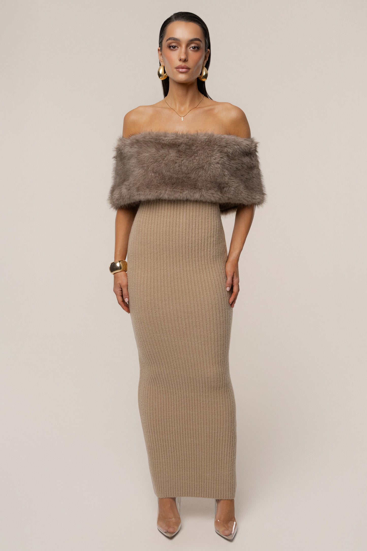 Chocolate Aspen Hour Faux Fur Dress