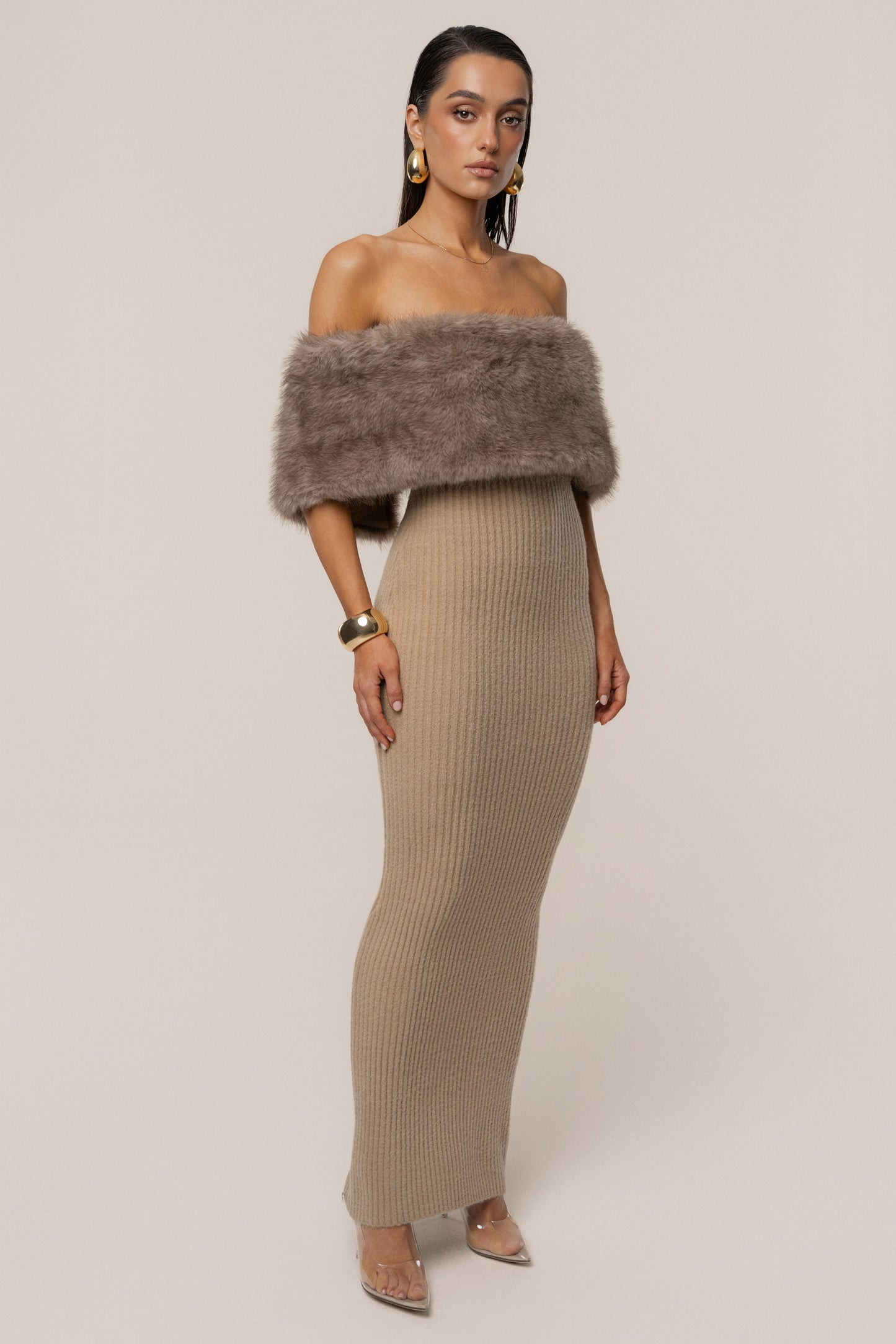 Chocolate Aspen Hour Faux Fur Dress