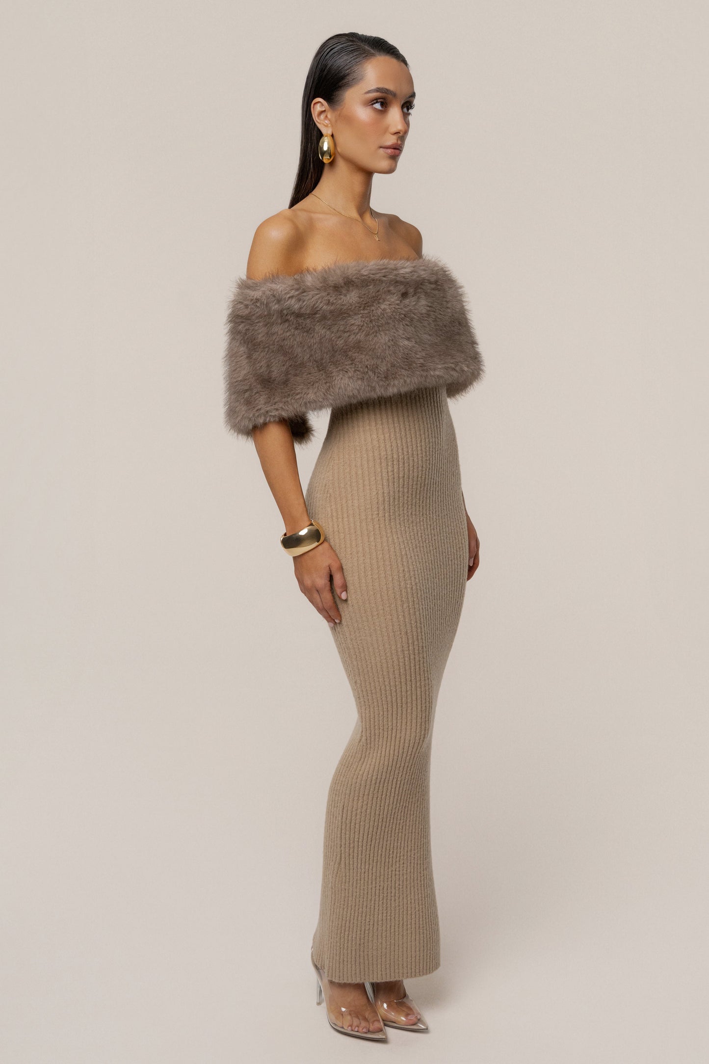 Chocolate Aspen Hour Faux Fur Dress