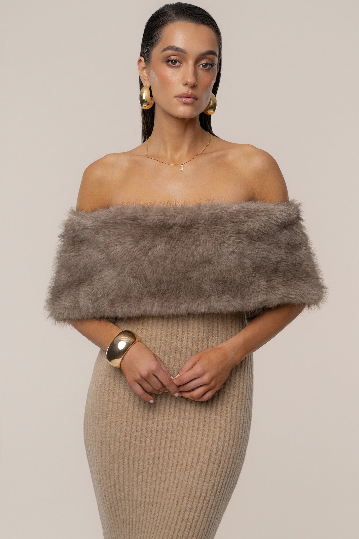 Chocolate Aspen Hour Faux Fur Dress
