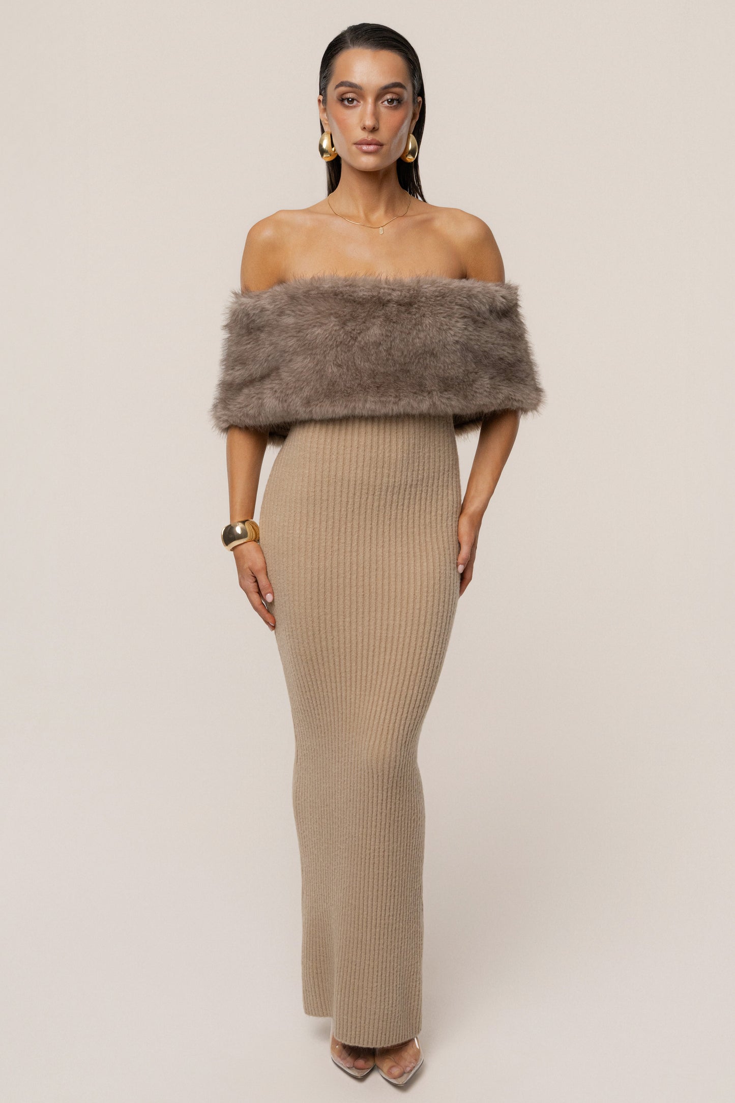 Chocolate Aspen Hour Faux Fur Dress