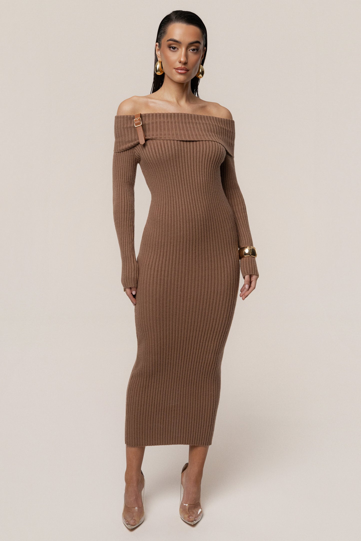 Tan Kira Ribbed Midi Dress