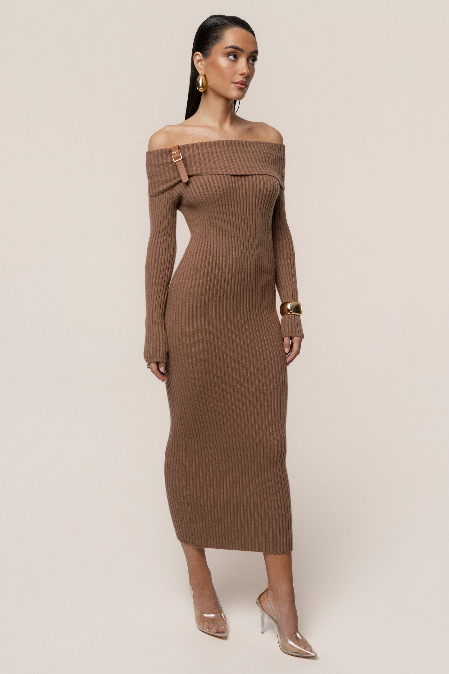 Tan Kira Ribbed Midi Dress
