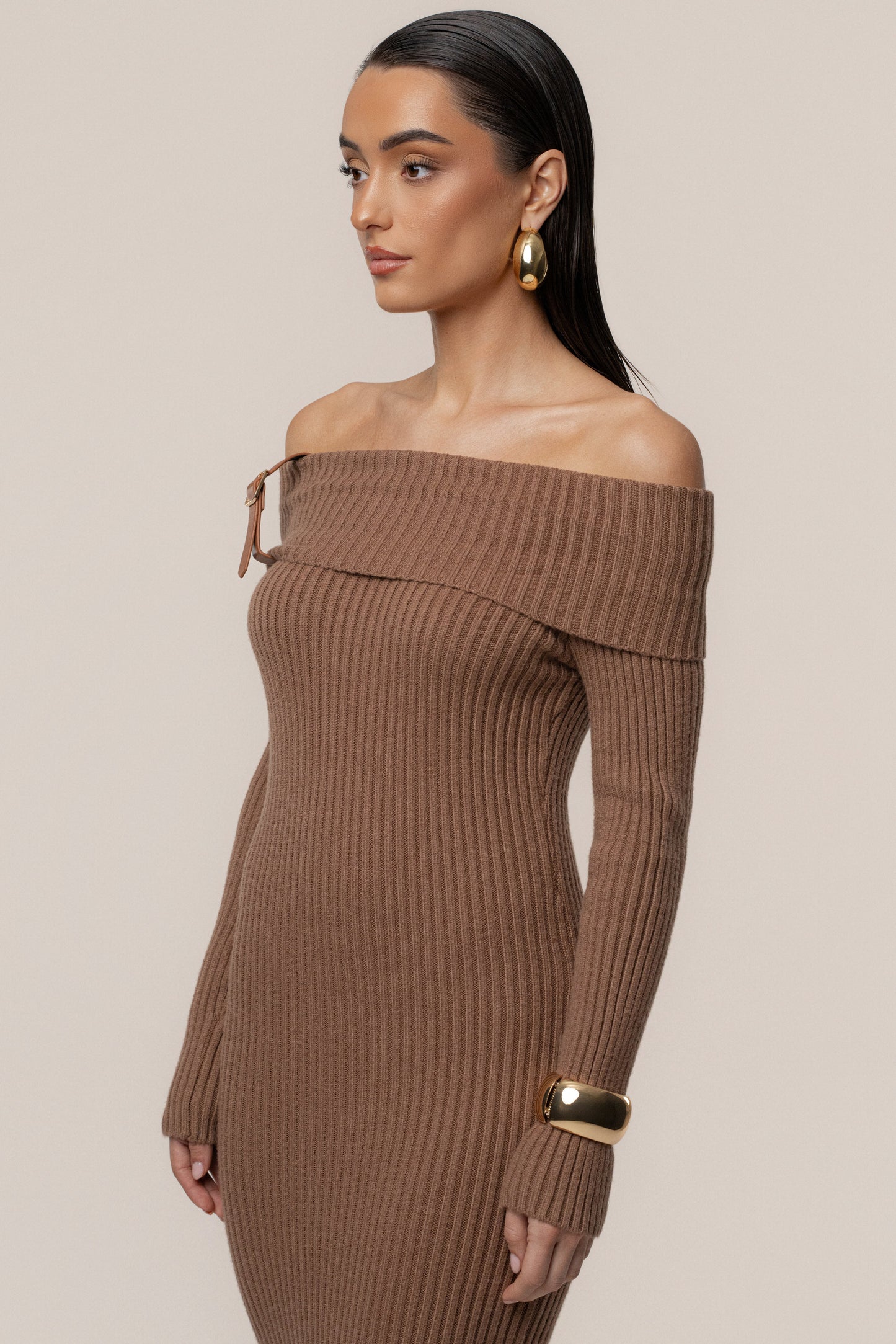 Tan Kira Ribbed Midi Dress