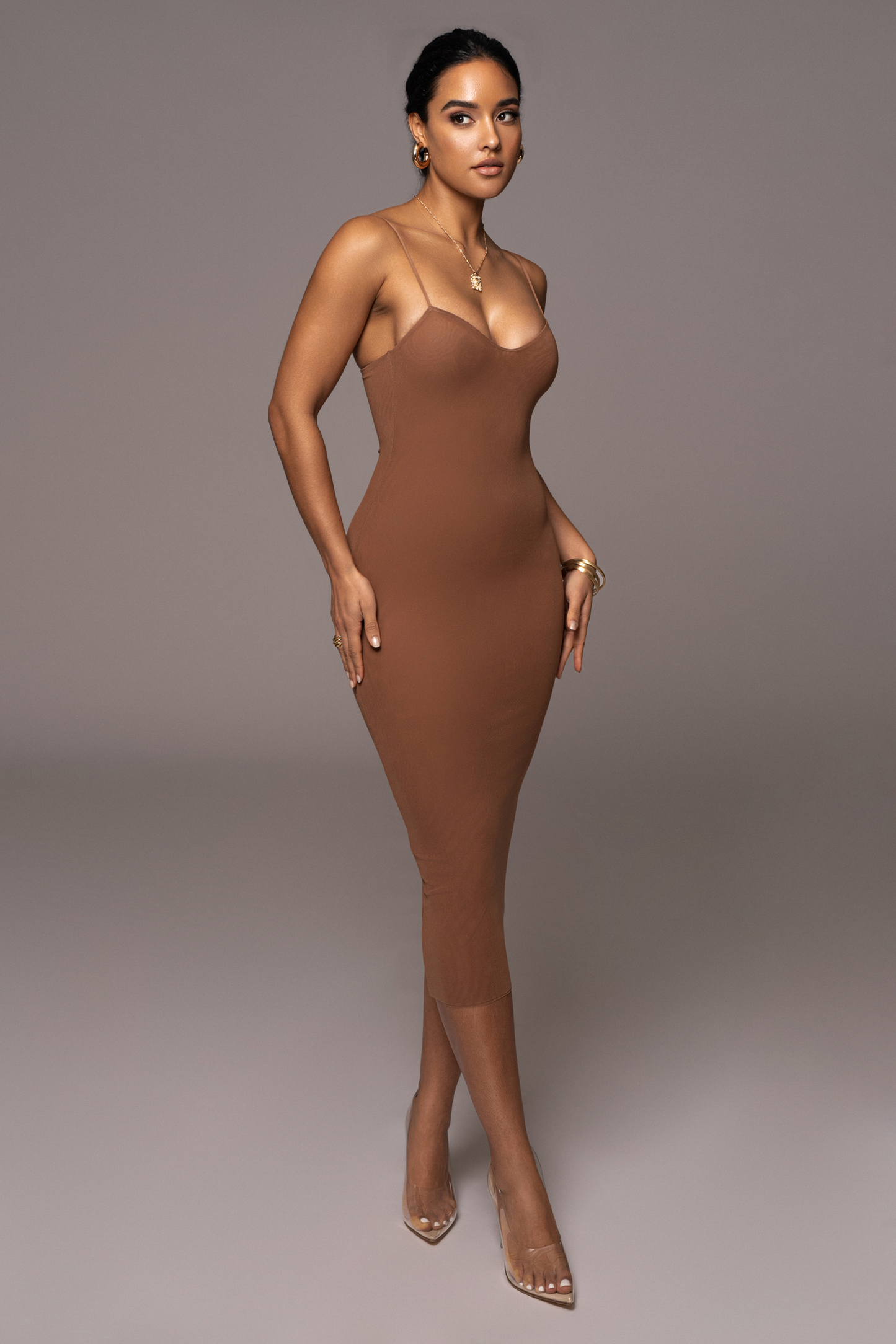 Pecan Rochelle Mesh Midi Dress