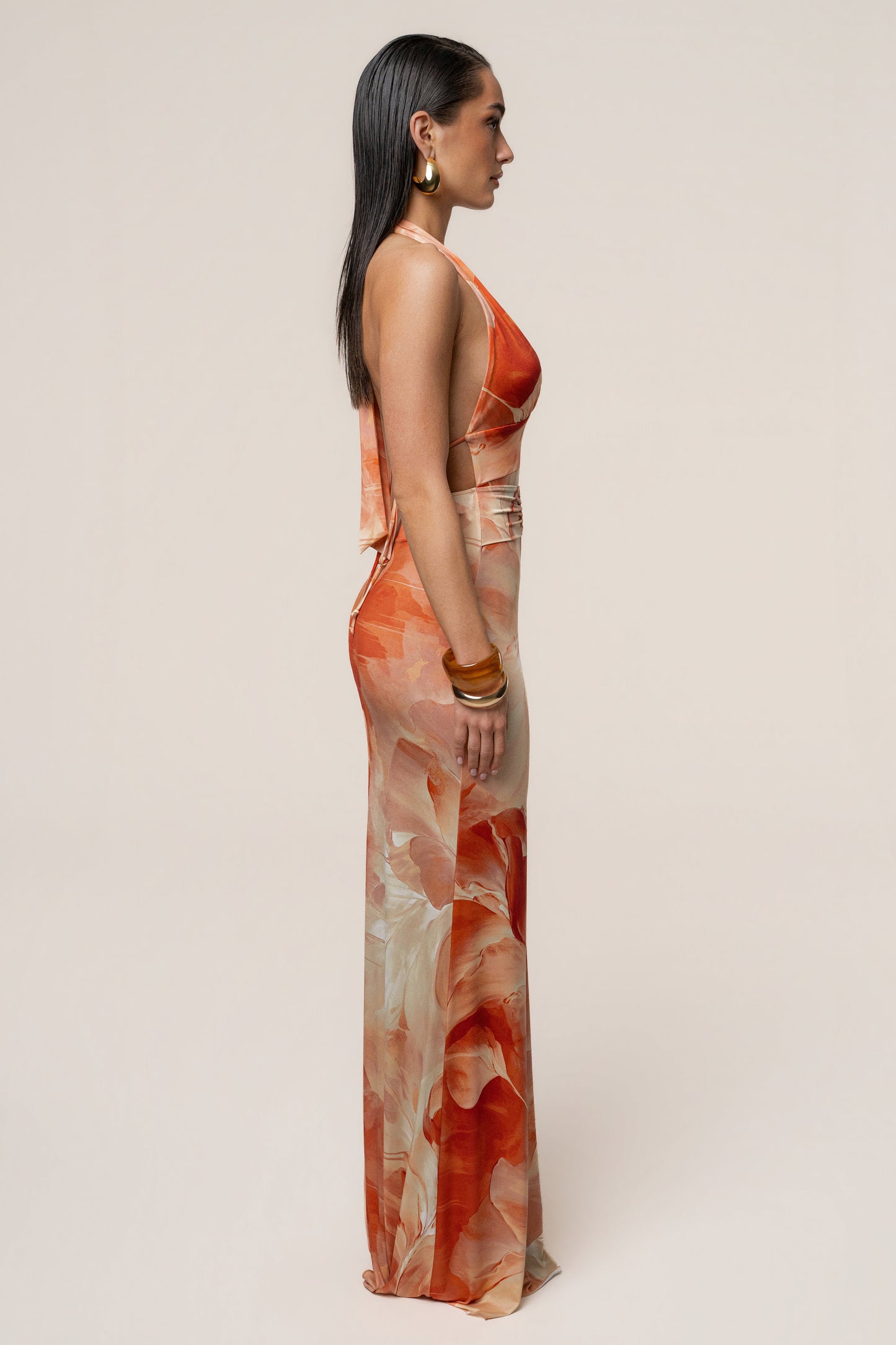 Orange Floral Blossom Print Maxi Dress