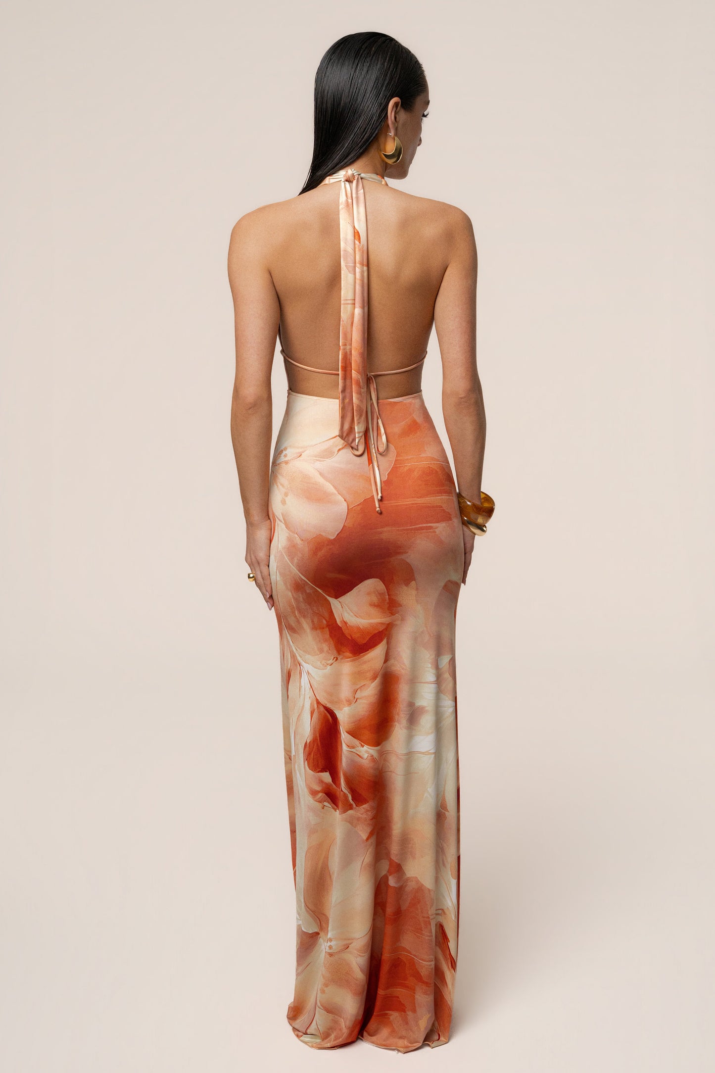 Orange Floral Blossom Print Maxi Dress