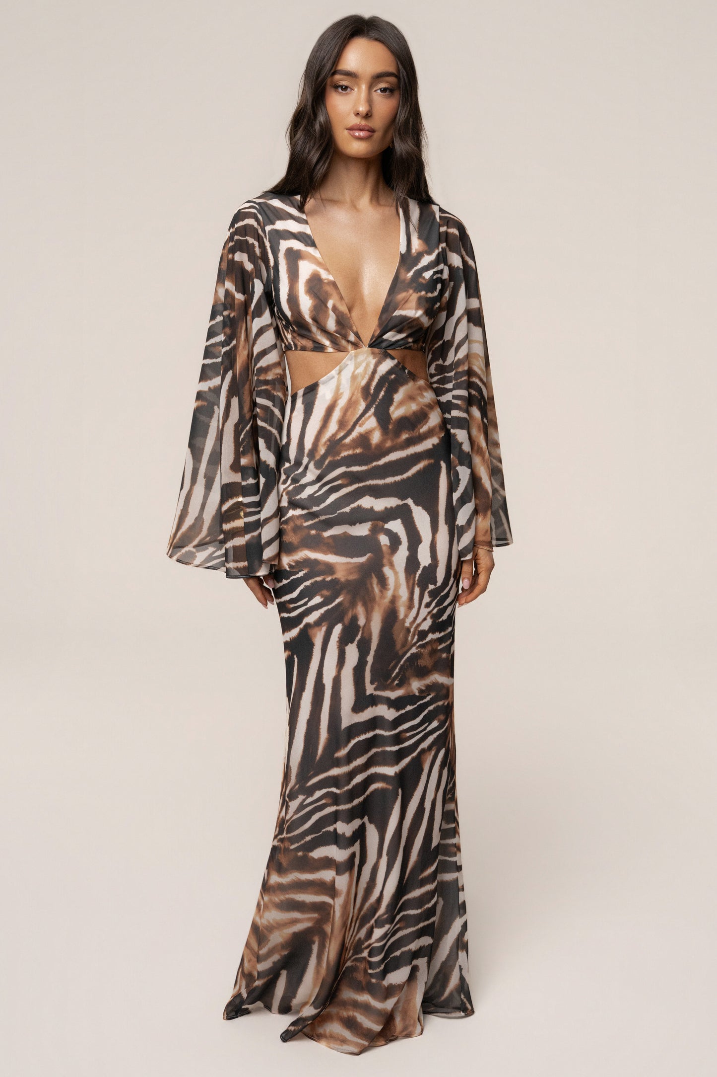 Brown Zebra Instincts Print Maxi Dress