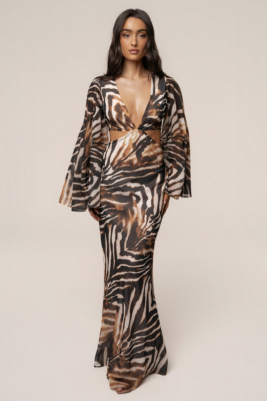 Brown Zebra Instincts Print Maxi Dress