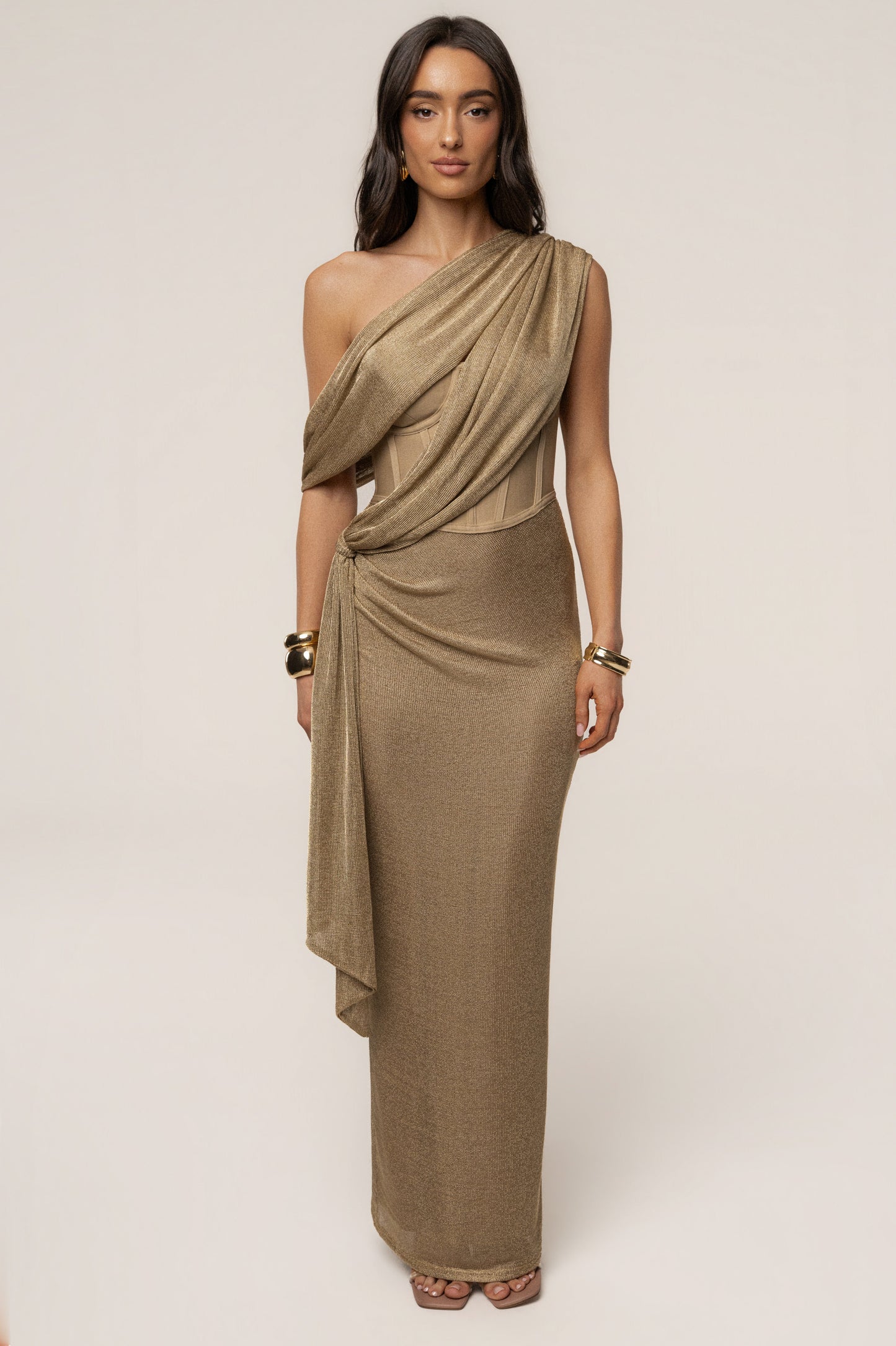 Gold Metallic Celestina Draped Maxi Dress