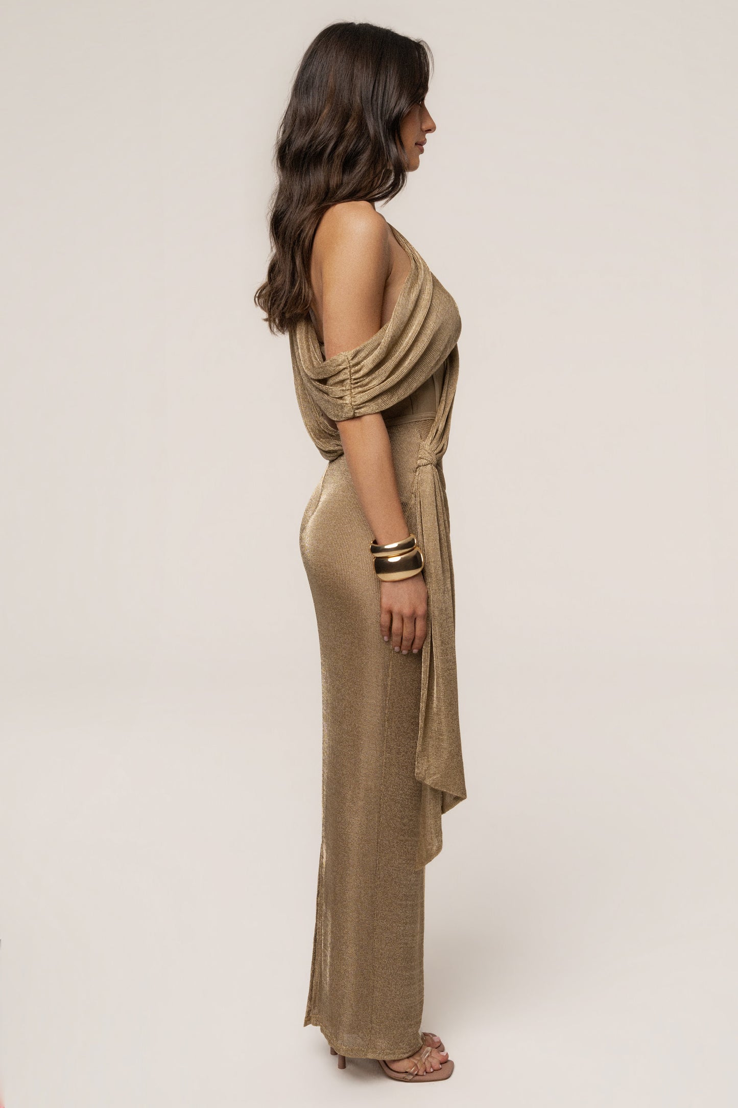 Gold Metallic Celestina Draped Maxi Dress