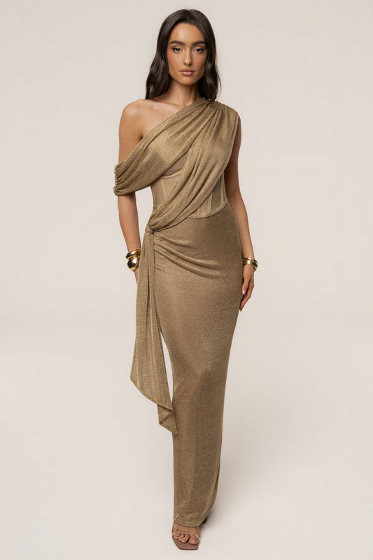 Gold Metallic Celestina Draped Maxi Dress