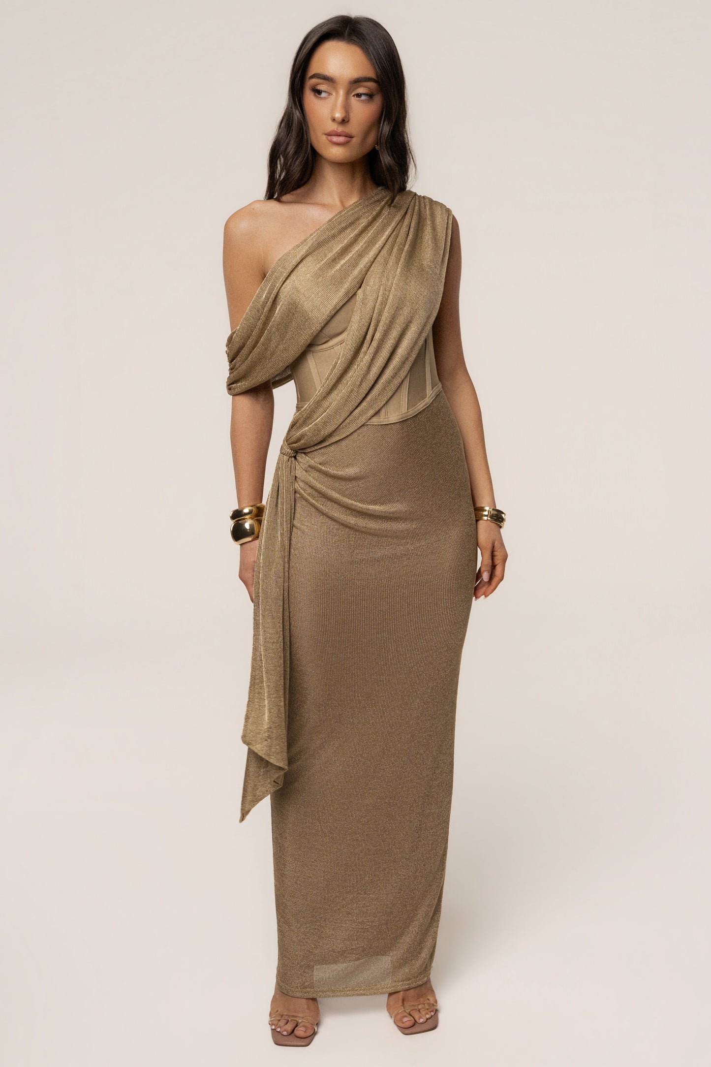Gold Metallic Celestina Draped Maxi Dress