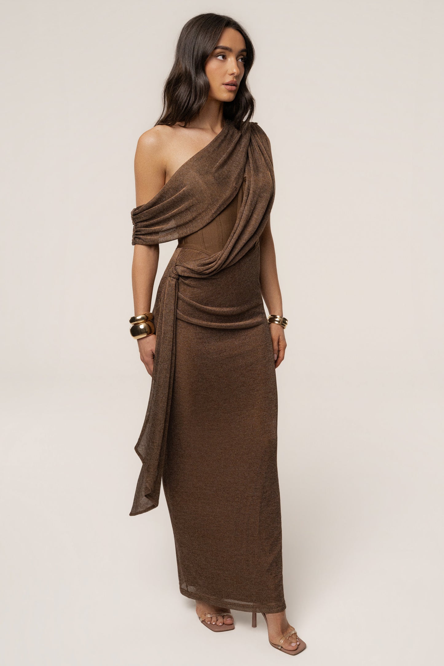 Bronze Metallic Celestina Draped Maxi Dress